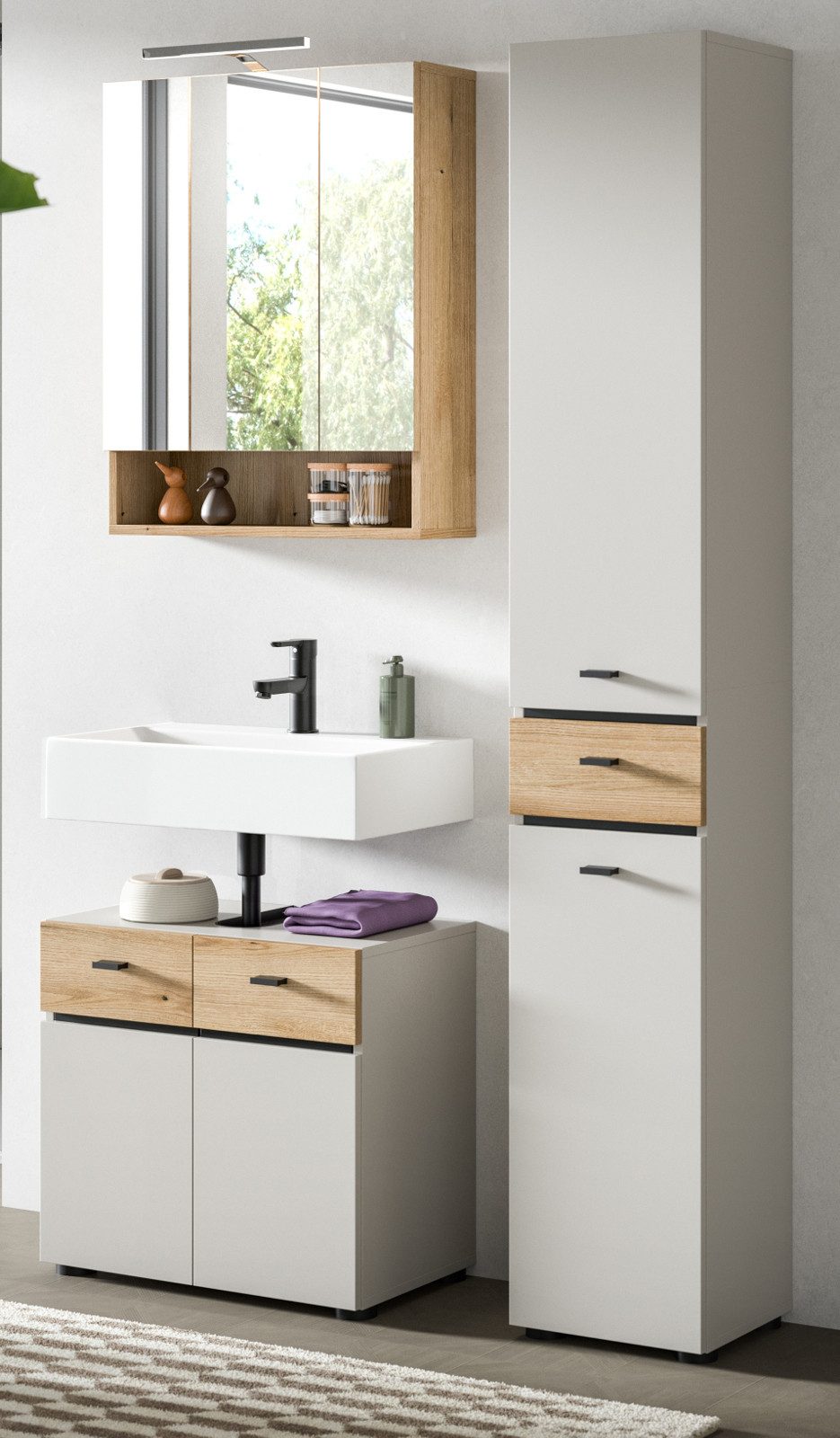 Inn.Furn Badmöbel-Set Matteo, (Badezimmer in Kaschmir / Sand mit Eiche, 3-teilig, 107 x 191 cm), mit viel Stauraum in 17 Fächern