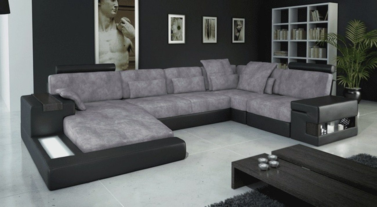 JVmoebel Ecksofa Wohnlanschaft Ecksofa Sofa Couch U Form Leder Textil Neu Bellini Grau Schwarz/Grau