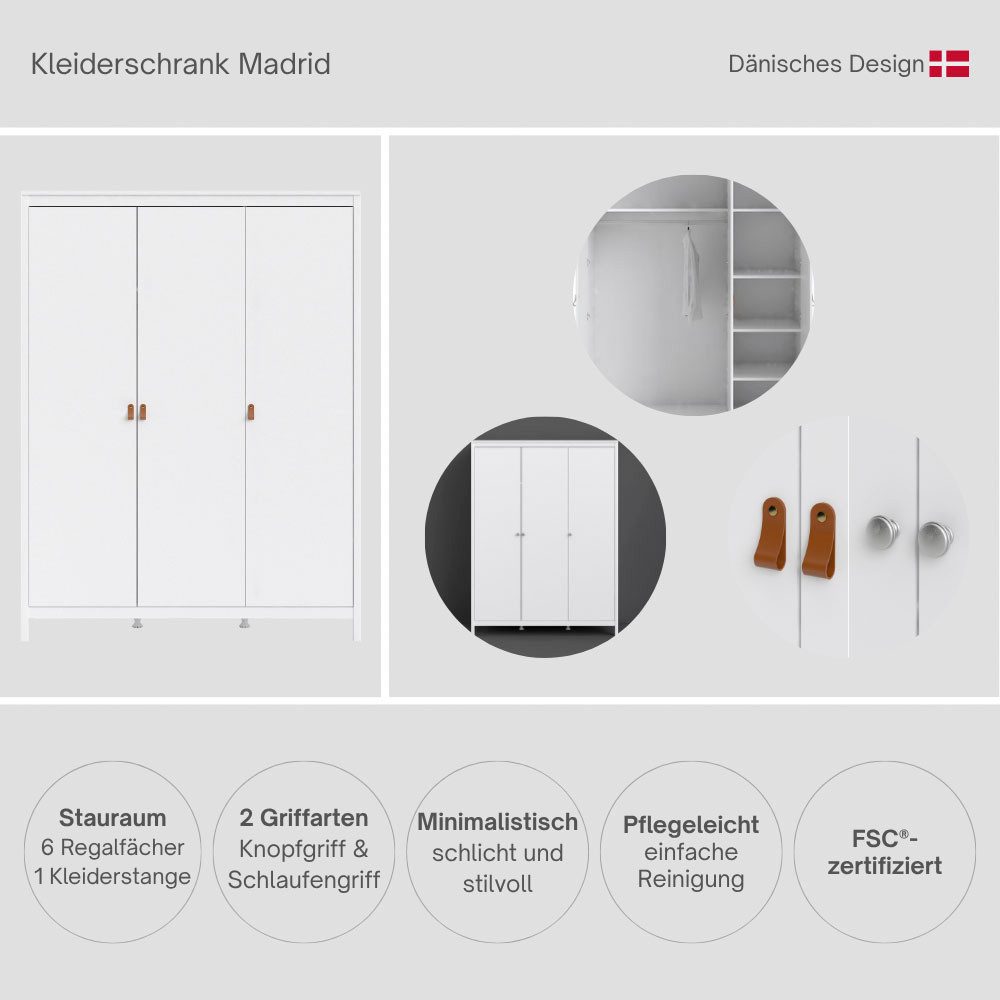 Home affaire Kleiderschrank Madrid, Drehtürenschrank, Aufbewahrung Kasten Schrank Stauraum 3türiger Schrank mit 5 Einlegeböden und Kleiderstange, Breite 150 cm