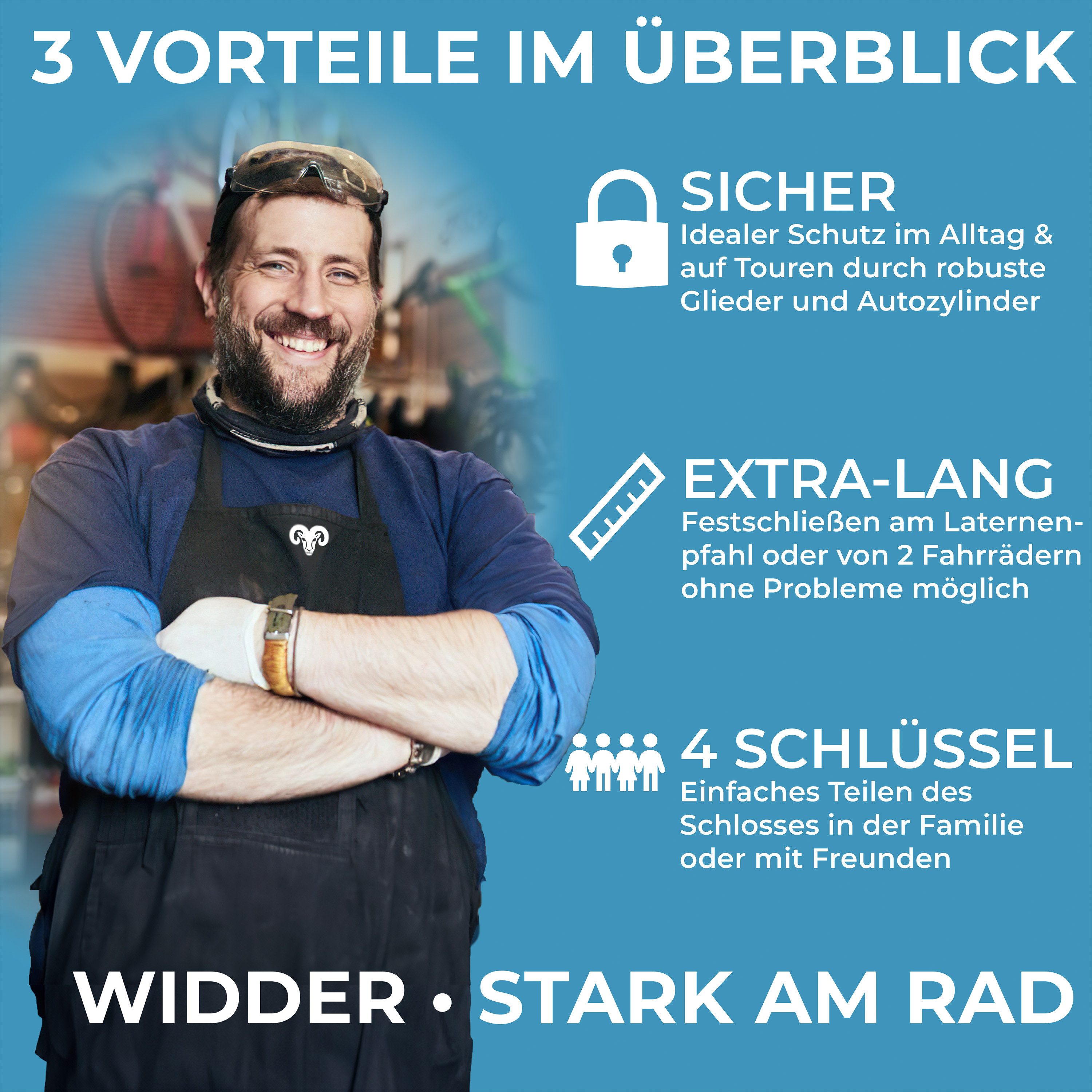Widder Faltschloss [120cm extra-lang] Fahrradschloss für E-Bike & Fahrrad mit Halterung, 4 Schlüssel • Sicherheitsstufe 15 • Flexible Halterung
