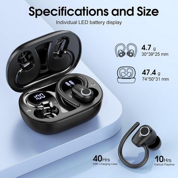 Poounur Kabellos Bluetooth 5.3, 50Std Ultraleicht Earbuds mit Bügel In-Ear-Kopfhörer (Intuitive Touch-Steuerung für einfache Bedienung von Wiedergabe, Anrufen und mehr., Noise Cancelling OhrhörerHiFi StereoLED Anzeige IP7 Wasserdicht Joggen)