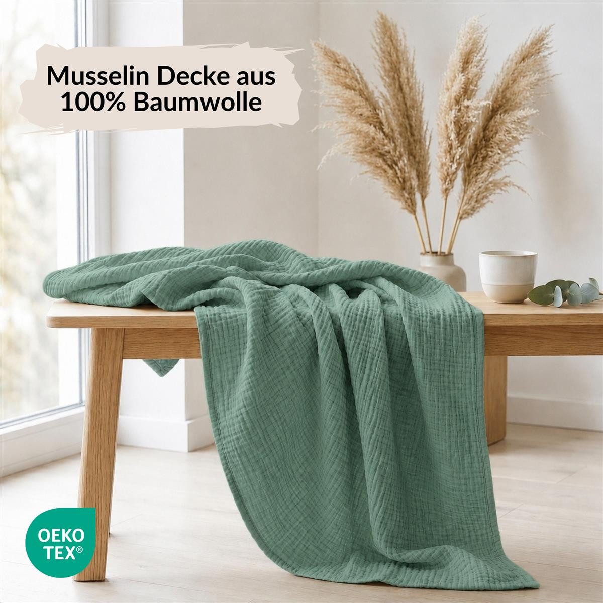 Wohndecke Musselin Decke 150 x 200 100% Baumwolle Kuscheldecke Tagesdecke Plaid, Carpe Sonno, Leichte Musselindecke für Sofa Couch Wohnzimmer Bett - Grün