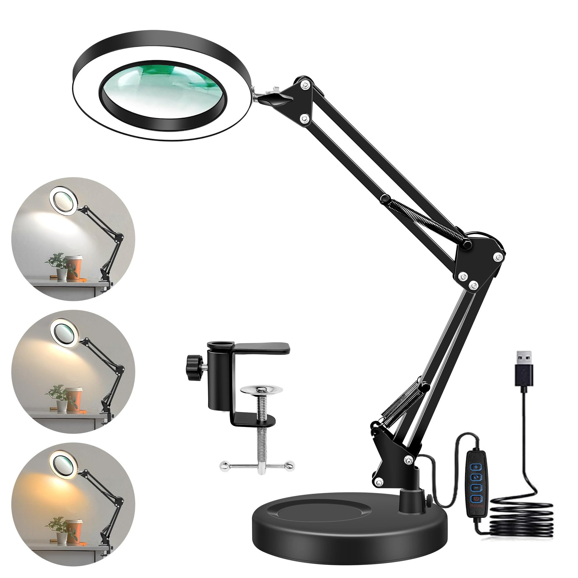 wohnTRAUM24 Lupenlampe LED Lupenleuchte 2-in-1 10X Lupe mit Licht und Ständer mit Klemme, LED fest integriert, Warmweiß bis Kaltweiß, 3 Farbmodi & 10 Helligkeitsstufen, für Lesen, Nähen, Basteln, Senioren