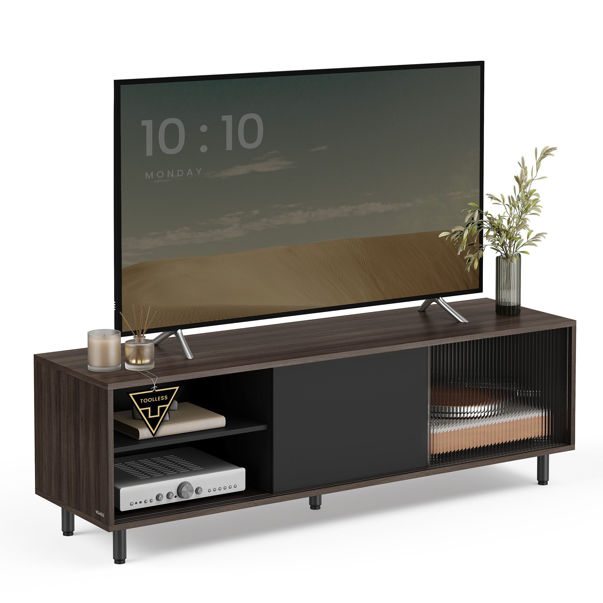 VASAGLE Lowboard TV-Schrank für TVs bis zu 60 Zoll, Montage superschnell werkzeuglos Aschbraun-Tintenschwarz