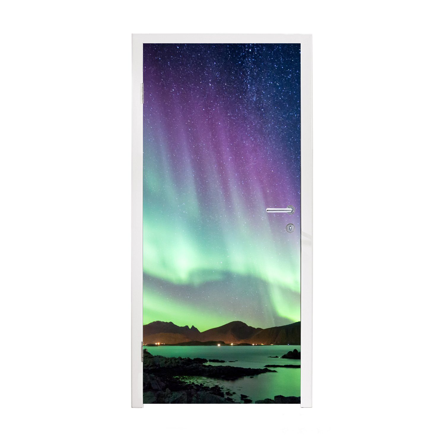 MuchoWow Türtapete Nordlicht - Grün - Lila - Sternenhimmel - See - Berg, Matt, bedruckt, (1 St), Selbstklebende Tapete, Folie für Möbel, 75x205 cm