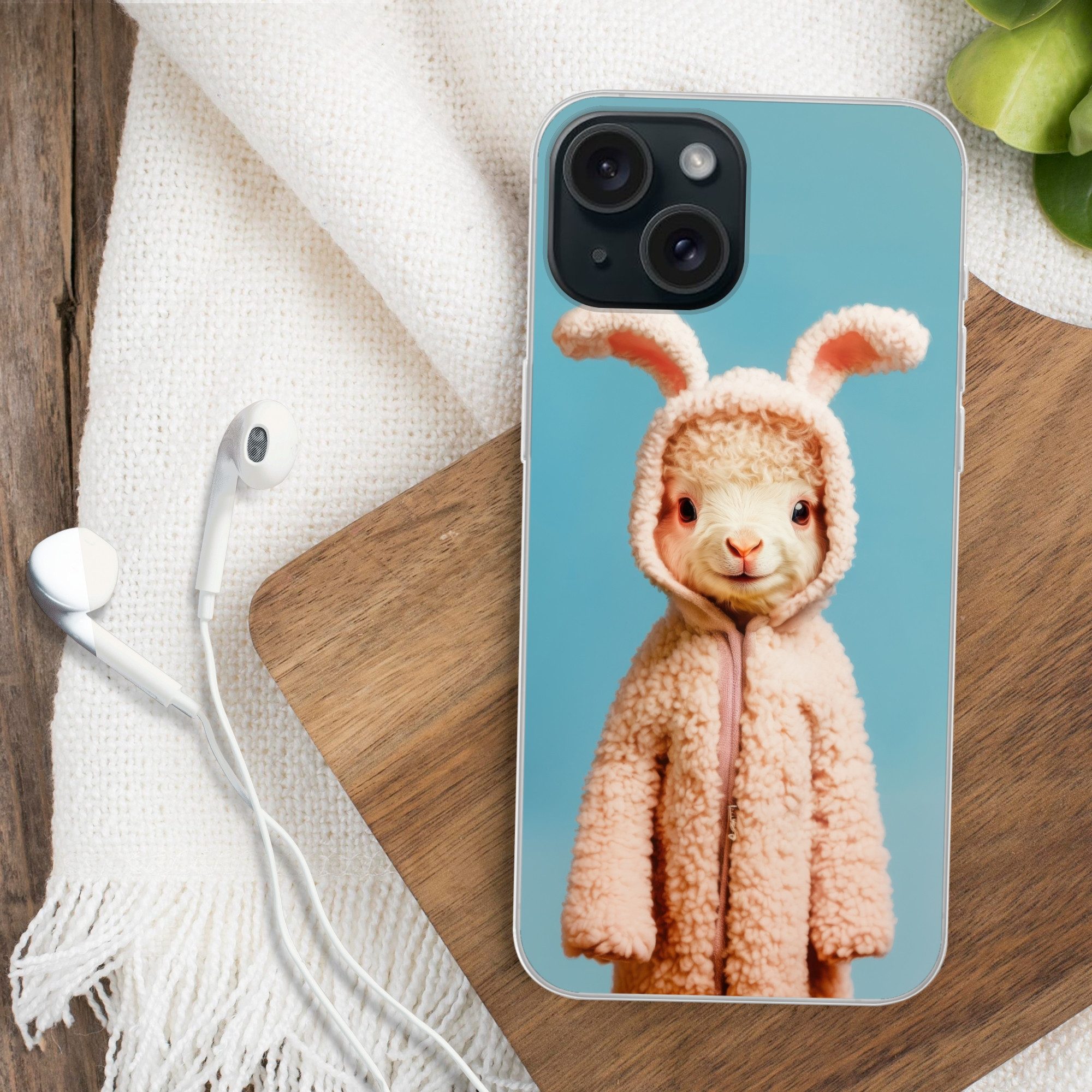 MuchoWow Handyhülle für Apple iPhone 15 Lamm - Osterhase - Kostüm, Smartphone-Bumper, Print, Handy Schutzhülle Dünn