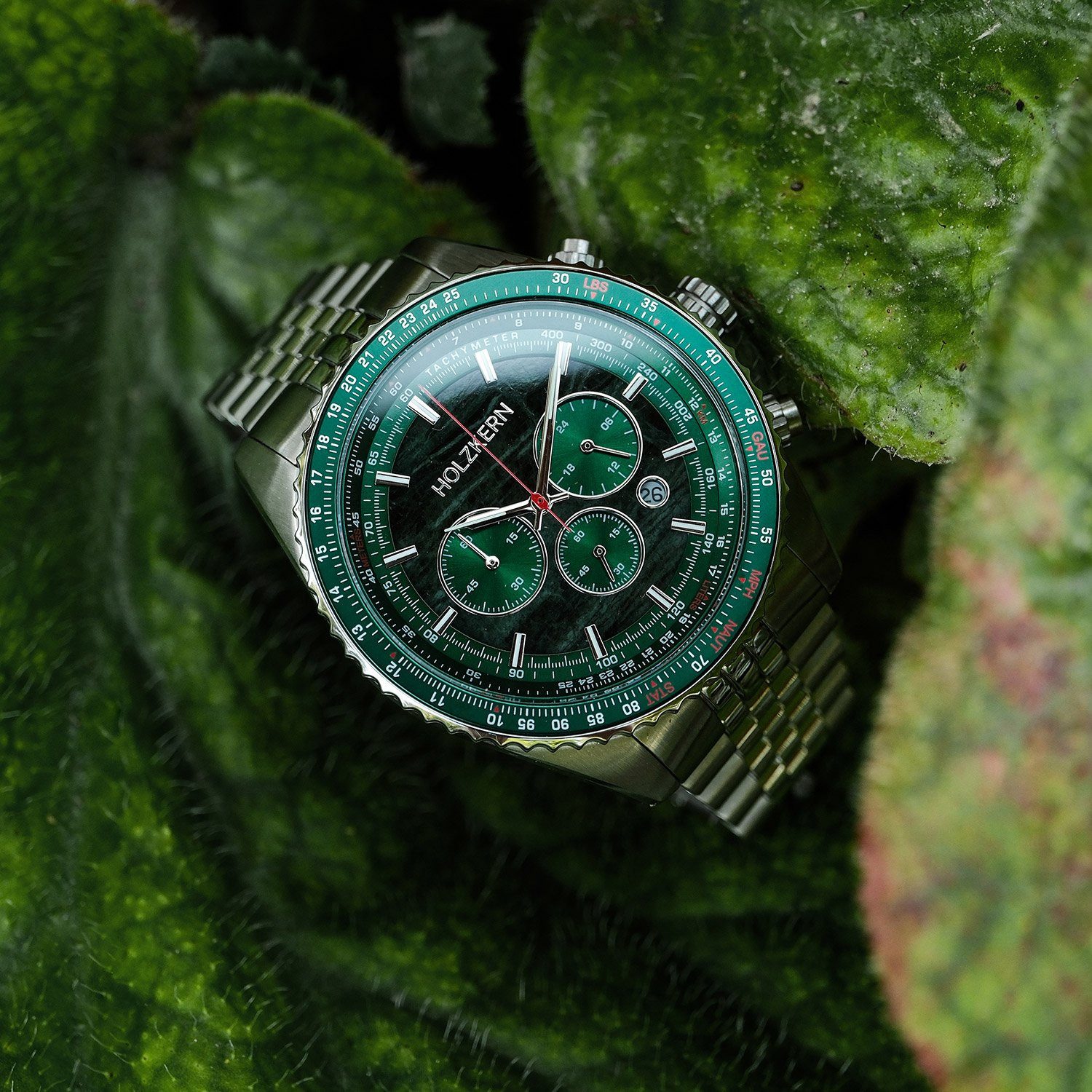 Holzkern Quarzuhr 9010631018290, Herrenuhr Chronograph Openhorizon Marmor Grün/Silberfarben