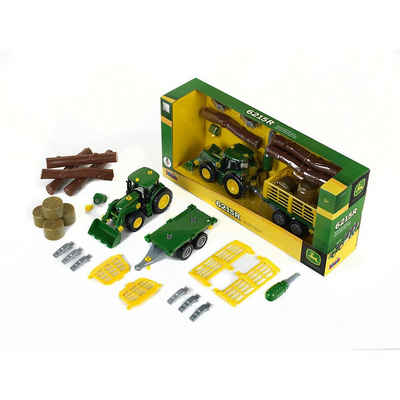 Klein Spielzeug-Auto John Deere Traktor mit Holz- und Heuwagen