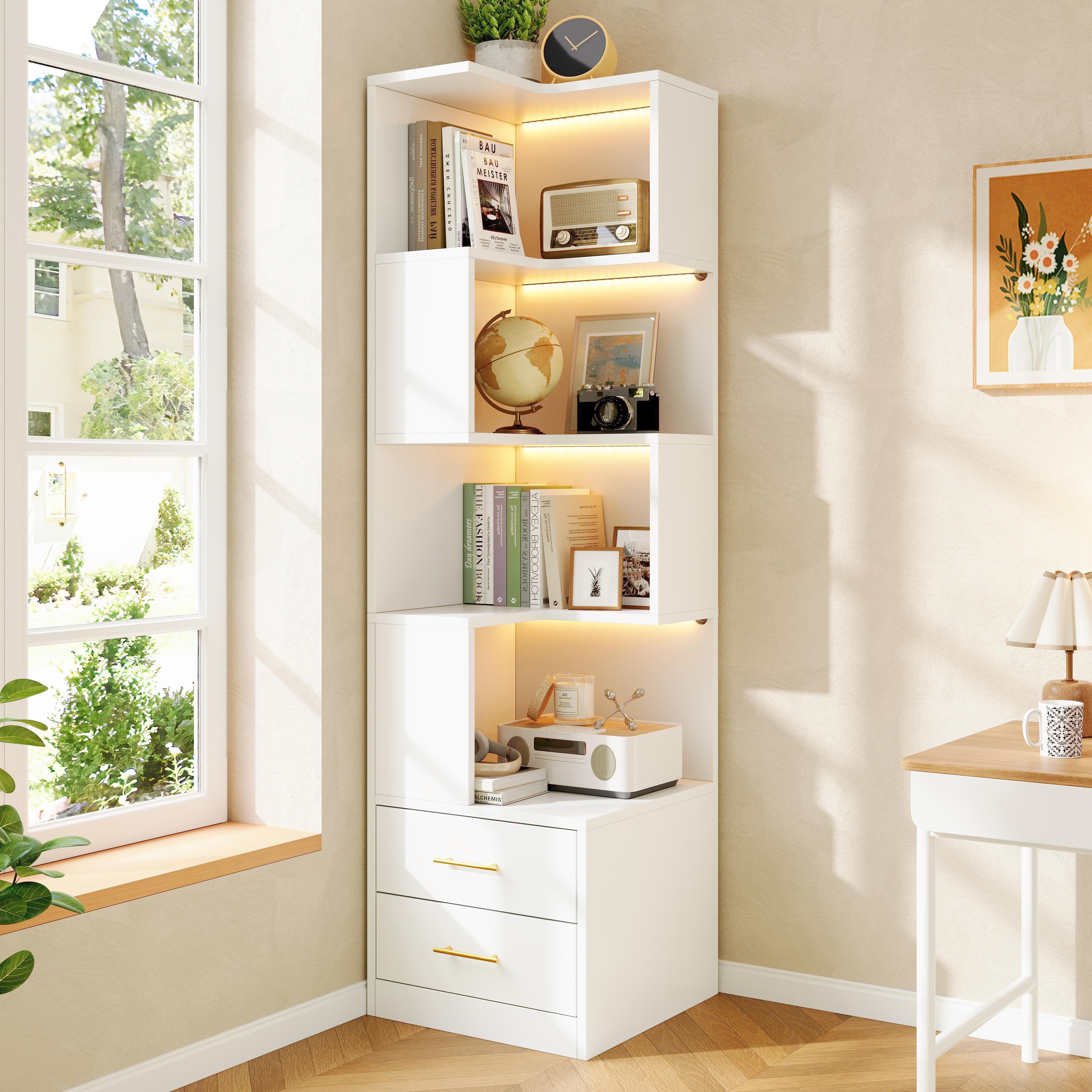 Flieks Bücherregal Eckregal mit LED-Beleuchtung, 5 Ebenen & 2 Schubladen Standregal, 45x45x165 cm 1-tlg., Eckbücherregal Eckschrank L-förmig Hochschrank Weiß, 4 Fächer