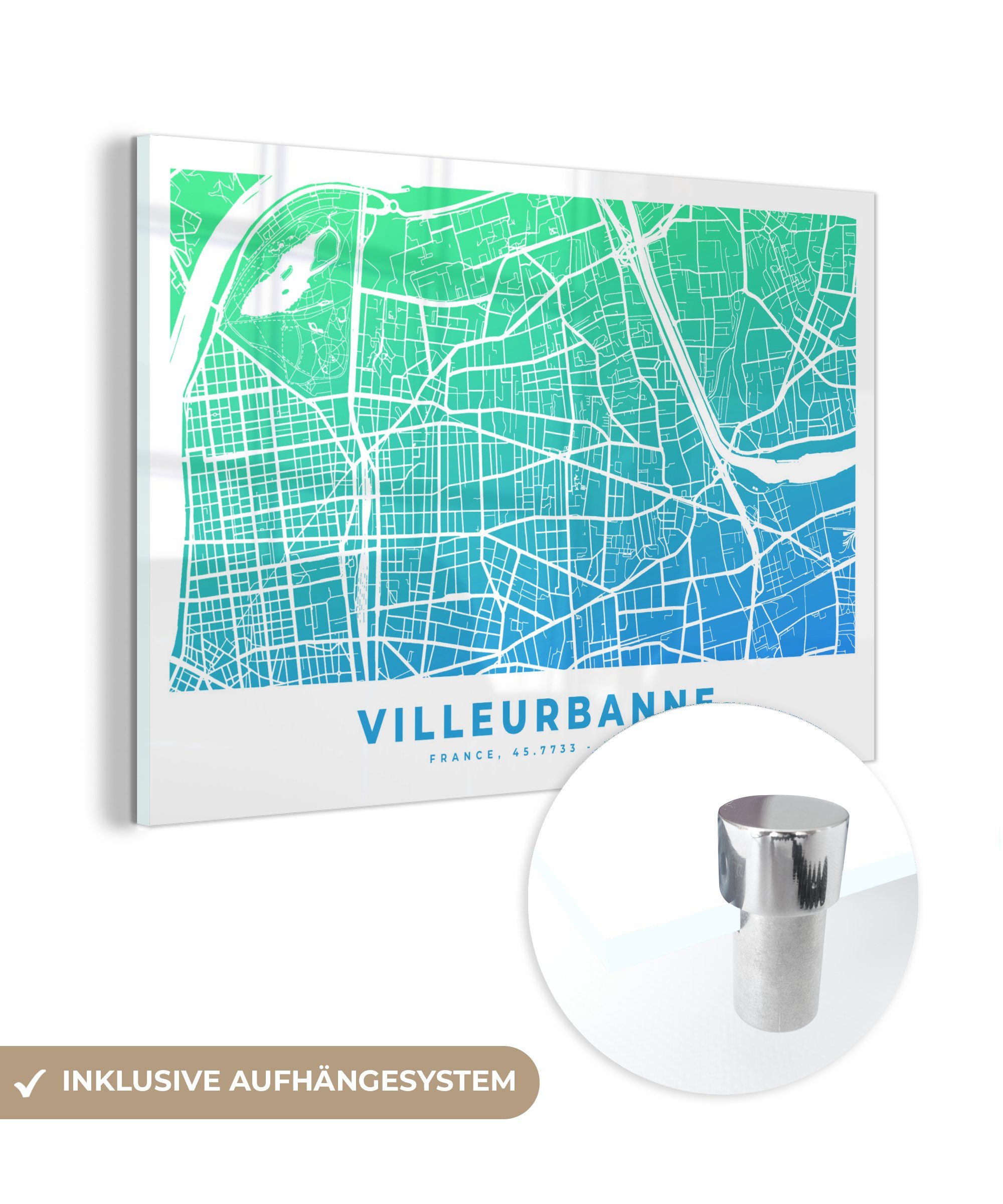 MuchoWow Acrylglasbild Frankreich - Stadtplan - Villeurbanne, (1 St), Acrylglasbilder Wohnzimmer & Schlafzimmer