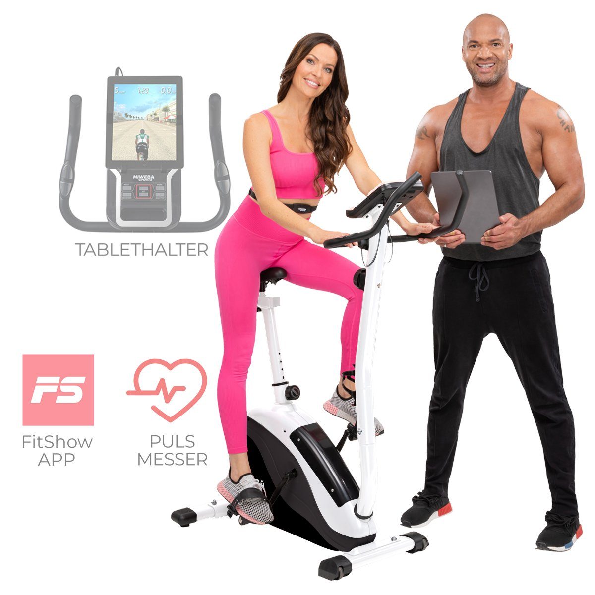 Miweba Sports Heimtrainer Profi Indoor Cycle ME400 inkl. Pulsgurt - 12 kg Schwungmasse (8 Intensitätsstufen, 150 Kg max. Belastbarkeit, Cardio, Trimmrad, Fitnessbike, Indoor Cycling, Fahrradtrainer, Trainingsgerät, 2-tlg., Fitshow App, Tablet- und Smartphonehalter, LCD Display, Magnetbremse, Transportrollen, Pulsmesser Sensoren, höhenverstellbar, flüsterleise), Fitnessfahrrad - Fitnessgeräte für zuhause Schwarz / Weiß