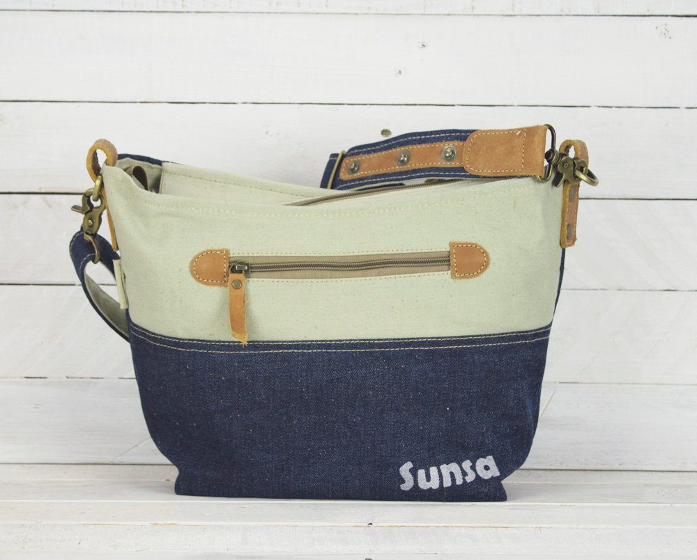 Sunsa Umhängetasche Upcycling Umhängetasche Tasche mit Maritim Motiv Schultertasche Anker, Upcycling Tasche, echtes Leder, recycelter Jeansstoff