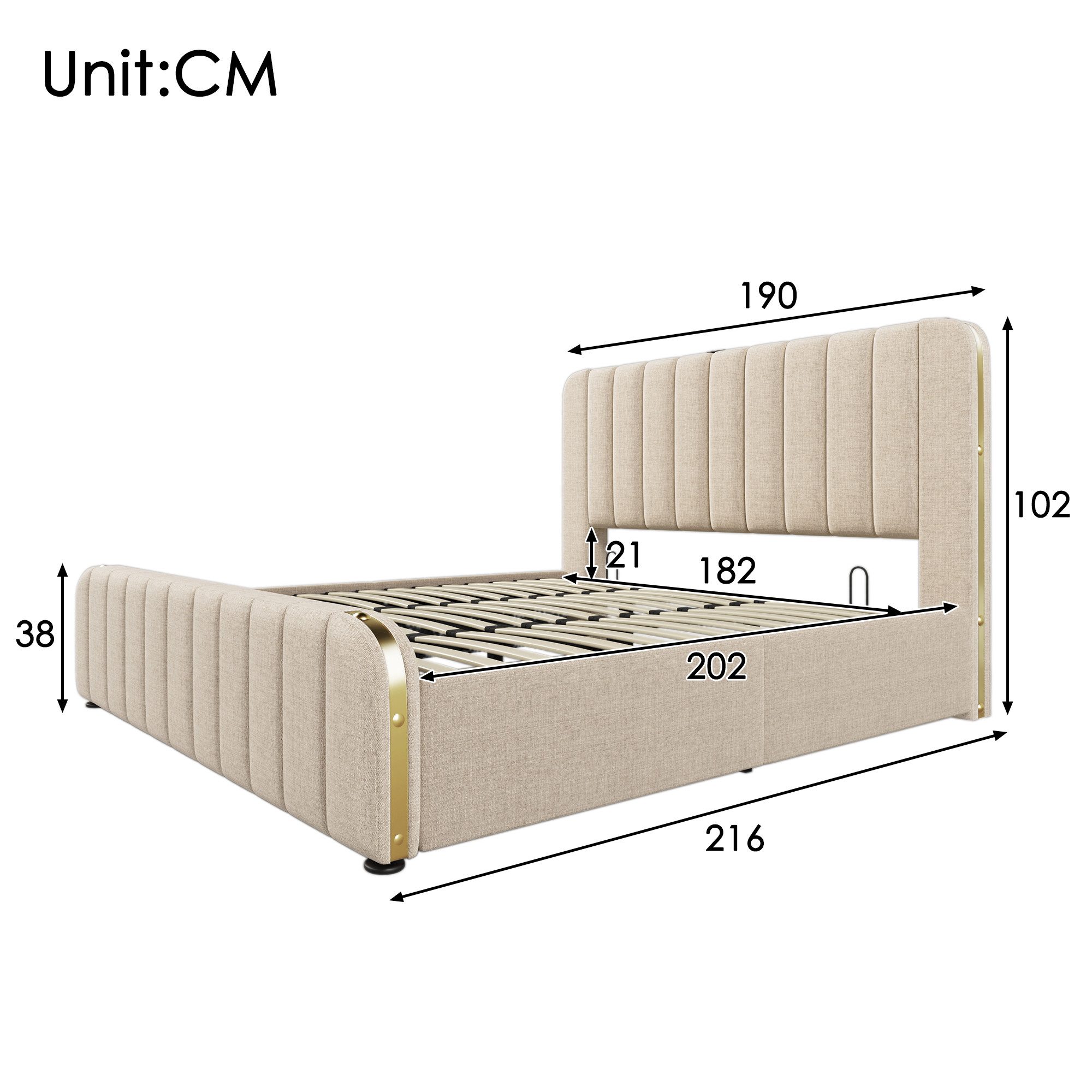 HAUSS SPOLE Polsterbett 180x200 cm, Hydraulisches Bett mit goldenen Zierstr günstig online kaufen