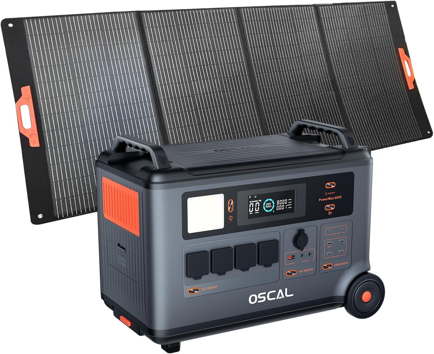 OSCAL Stromerzeuger 6000W(7200W Peak) Solargenerator, 3600Wh Tragbare Powerstation, 6 in kW, (1-tlg., Stromerzeuger), mit 400W Solarpanel LiFePO4-Akku, für Camping, Nofälle