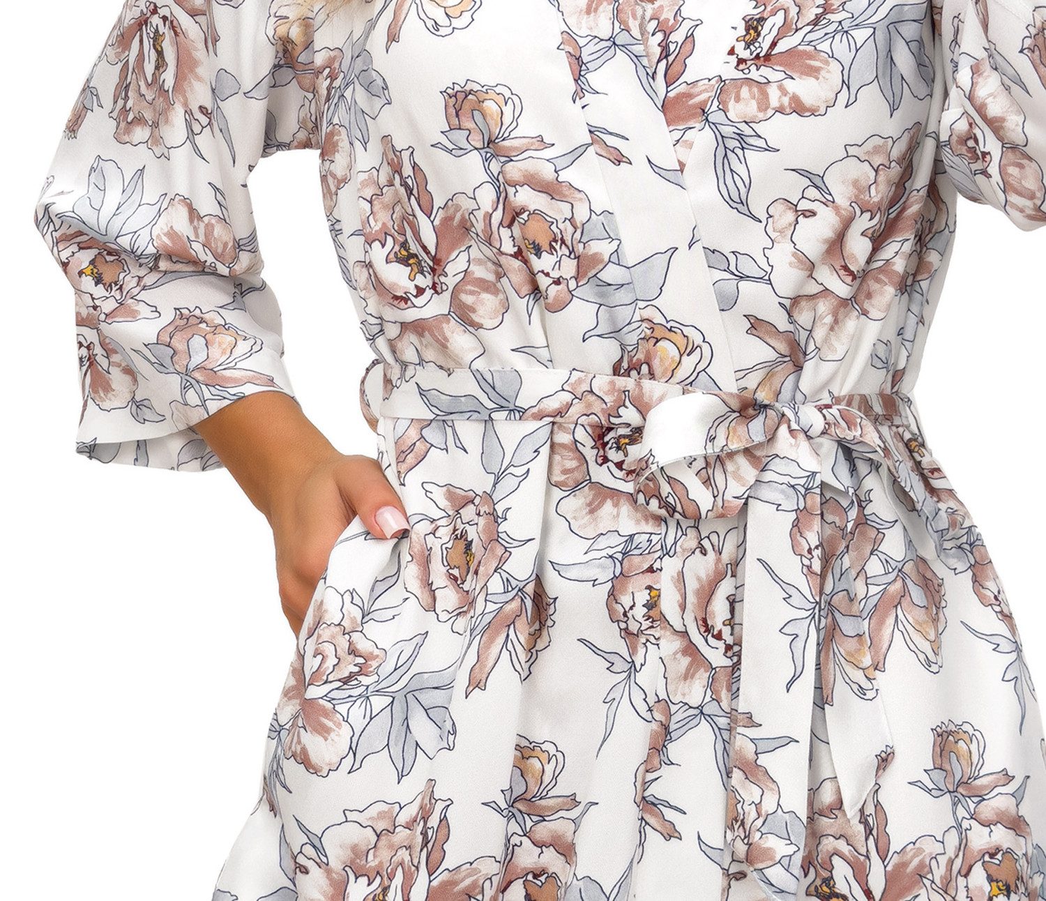 Donna Damenbademantel Elizabeth, kurz, Viskose, Gürtel, Damen Morgenmantel Bademantel Kimono 3/4 Arm Blumen ca.95cm