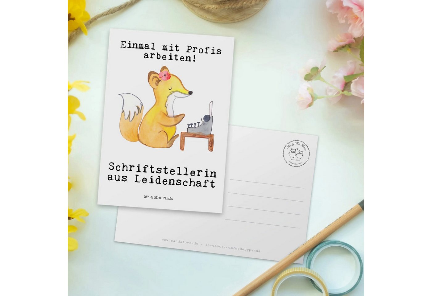 Thumbnail - Mr. & Mrs. Panda Postkarte Schriftstellerin Leidenschaft - Weiß - Geschenk, Schreibmaschiene, Ve, Hochglanzveredelt