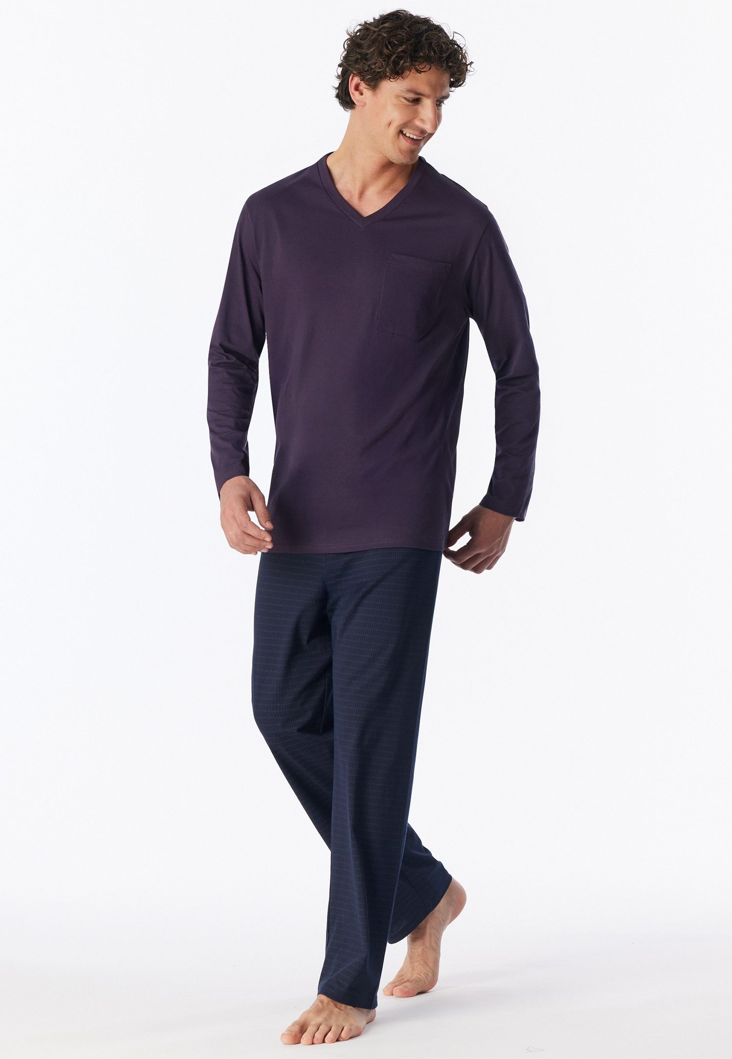 Schiesser Pyjama Comfort Essentials (2 tlg., 0) mit V-Ausschnitt und aufgesetzter Brusttasche