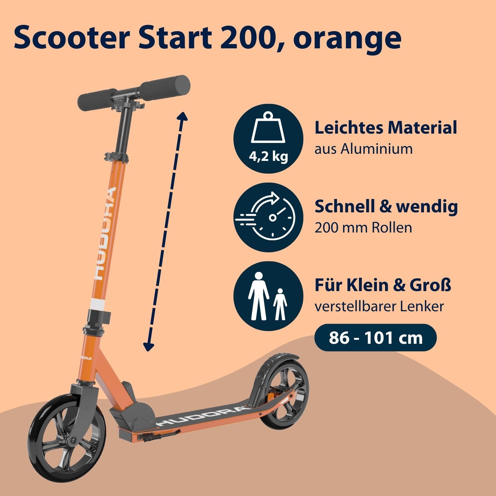 Hudora Cityroller Scooter Start 200 Höhenverstellbarer & zusammenklappbarer Cityroller, Kinder- & Erwachsenenroller für bis zu 100kg mit Ständer