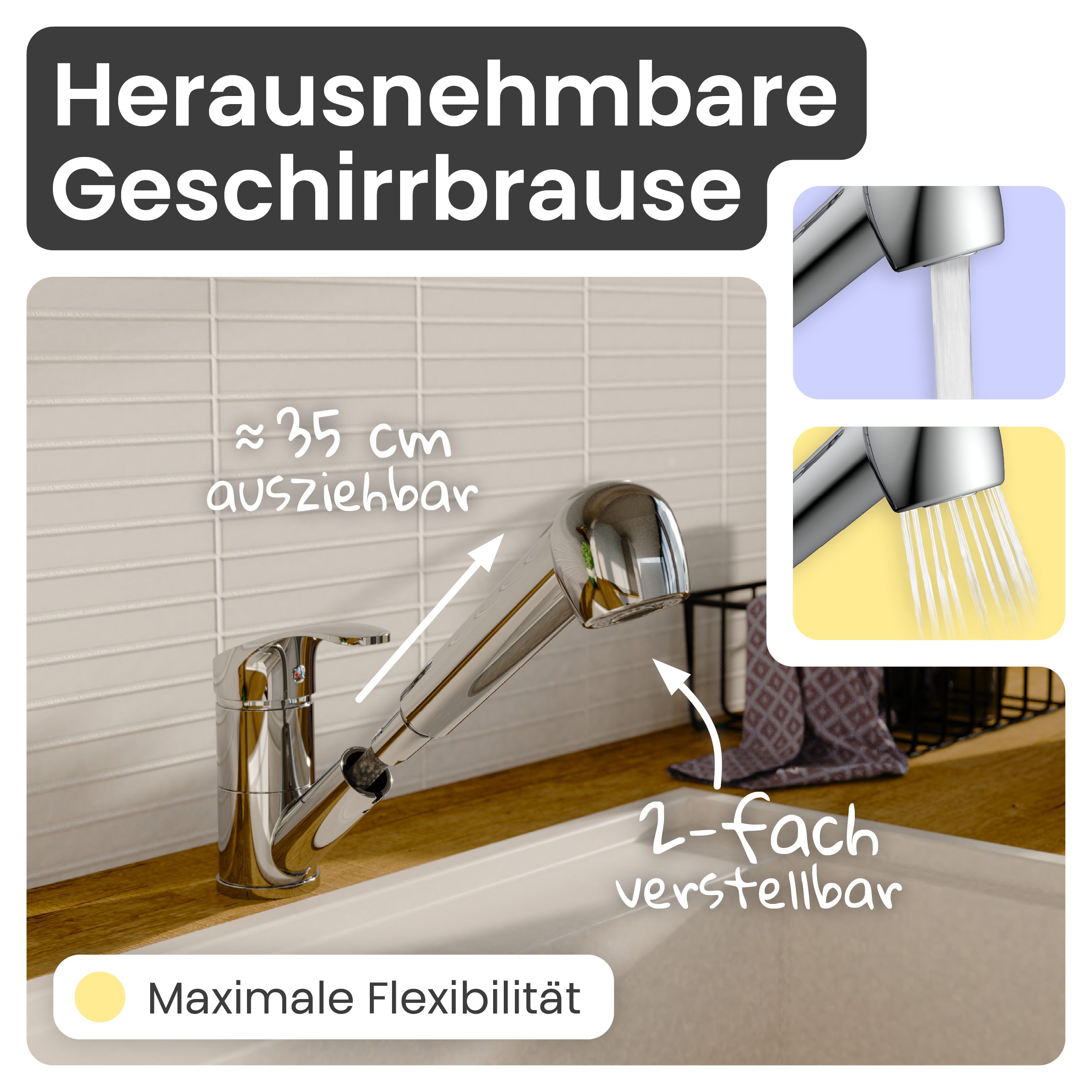 instmaier Spültischarmatur instmaier Elena, Wasserhahn Küche, Mit Geschirrbrause ausziehbar, 2 Strahlarten