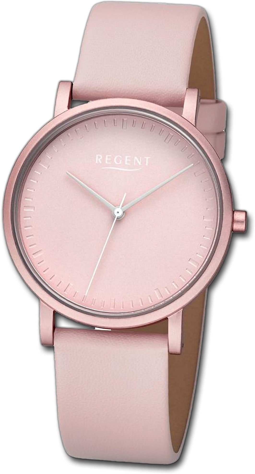 Regent Quarzuhr Regent Damen Armbanduhr Analog, Damenuhr Lederarmband rosa, rundes Gehäuse, extra groß (ca. 36mm)