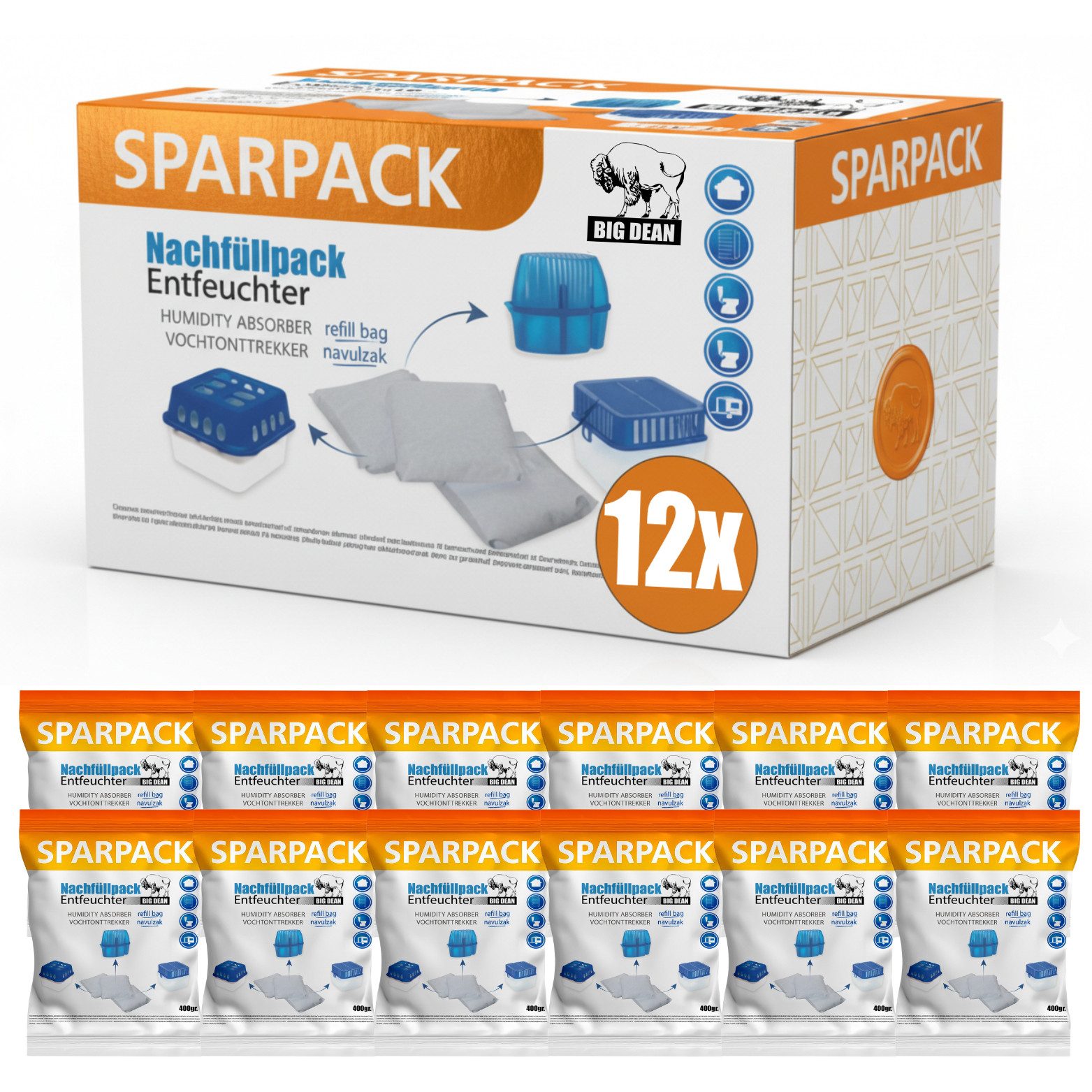 BigDean Luftentfeuchter-Nachfüllpack 12x 400g Nachfüllpack Feuchtigkeitskiller UltraFresh, für Luftentfeuchter, Geruchlos, Sparpack, Nachfüllbeutel, Effektive Reichweite, Einfache Anwendung, Kompakte Maße