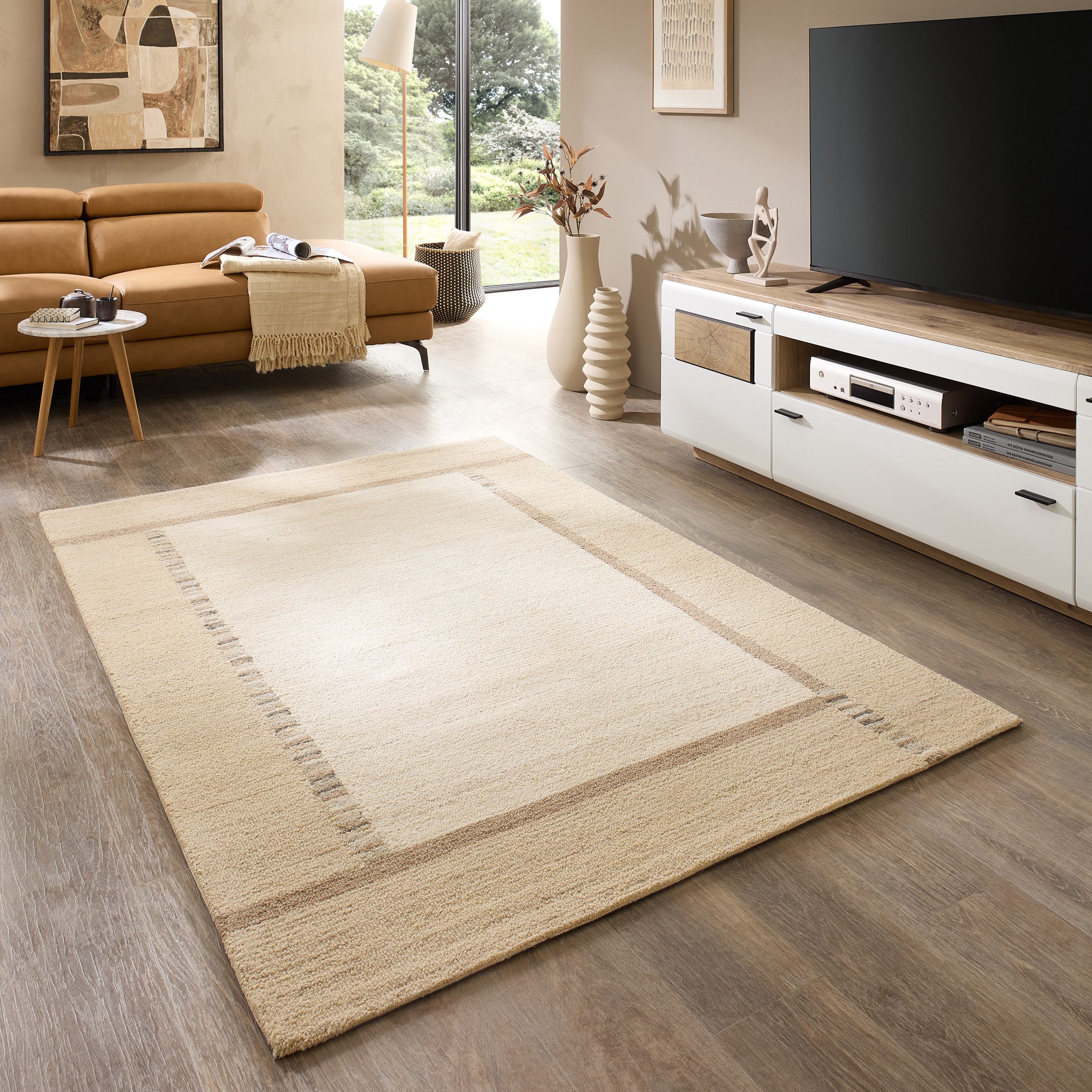 Natur Pur Teppich Natur Loop - handgetufteter moderner Wollteppich mit Bordüre, Rechteckig