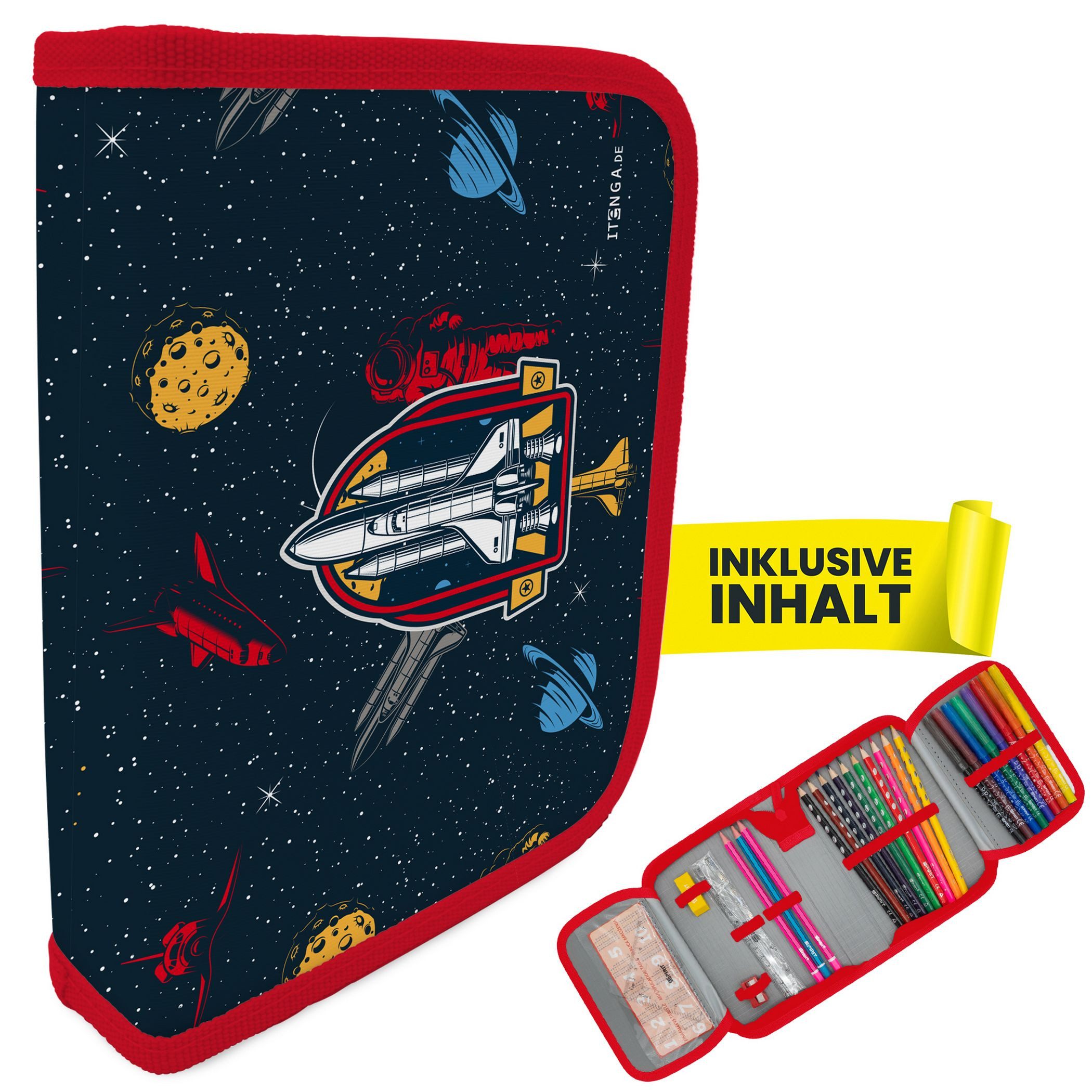 itenga Federmäppchen itenga Schüler-Etui Mäppchen Weltraum 28 teilig (gefüllt) 1-Zipper