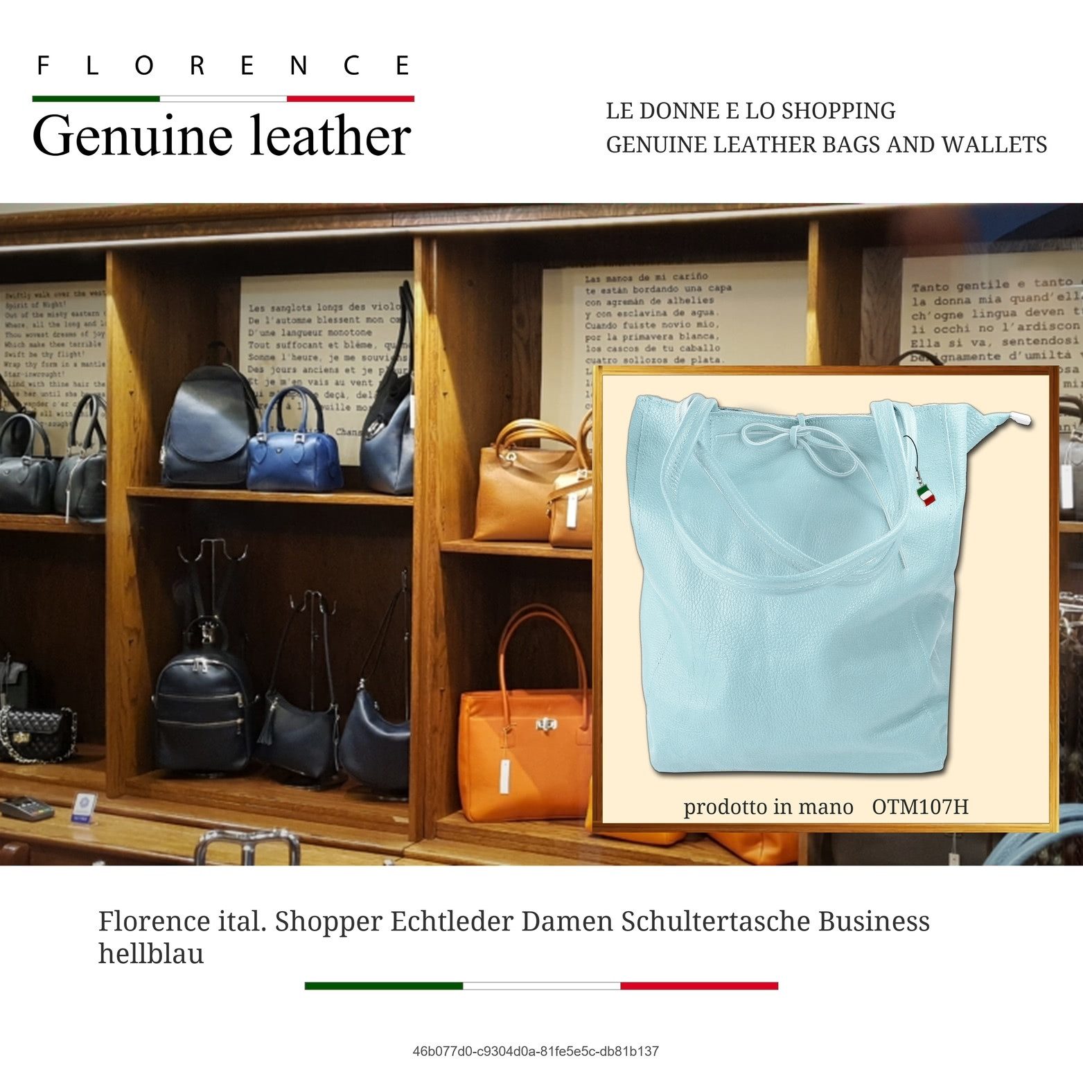 FLORENCE Shopper Florence ital. Shopper Echtleder Damen (Schultertasche, Shopper), Damen Shopper, Schultertasche Leder, hellblau, Größe ca. 28cm