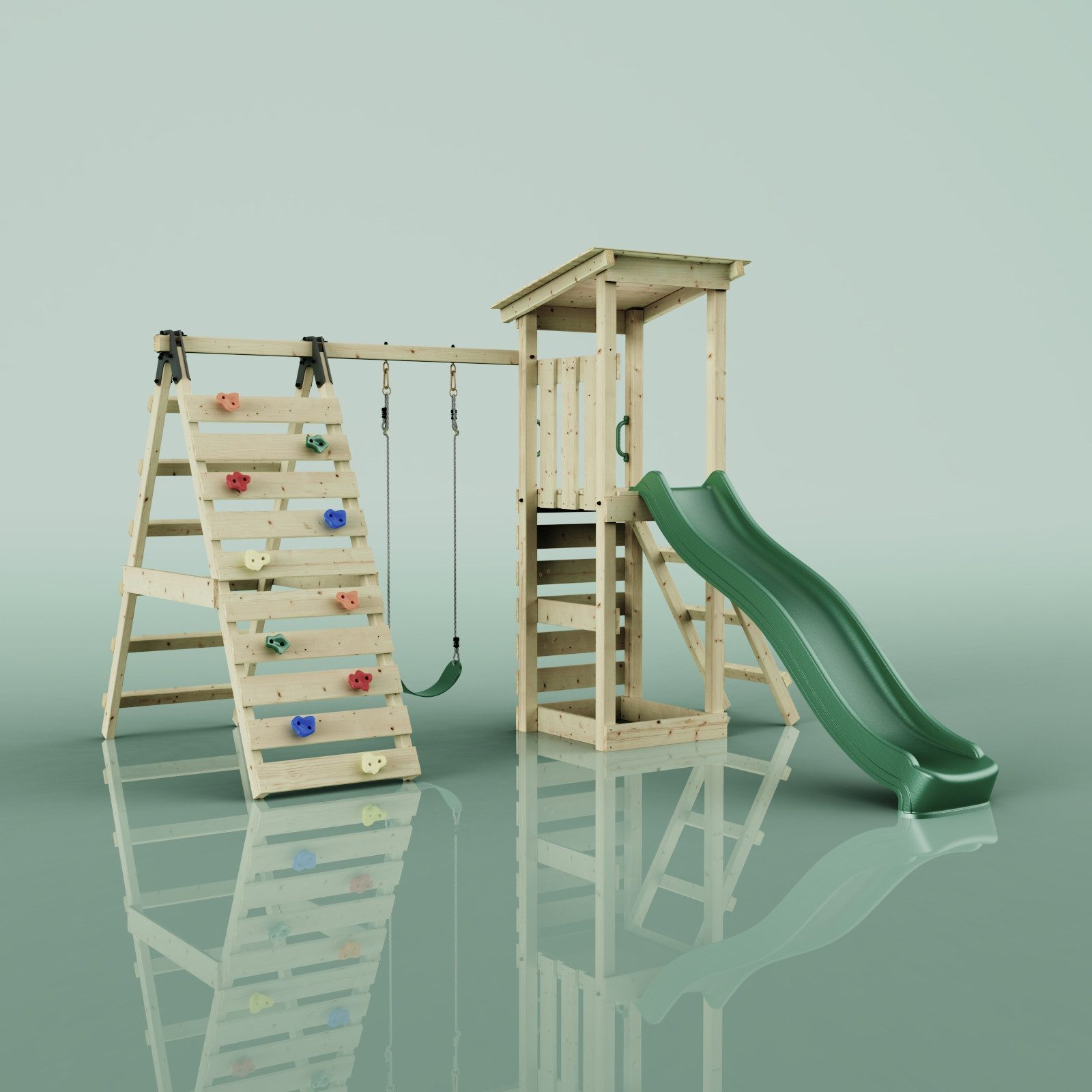 OutdoorToys Spielturm Sevilla aus Holz in Grün mit Kinderschaukel & Rutsche, Kletterwand