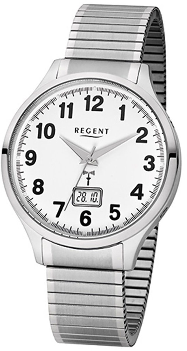 Regent Funkuhr Regent Herren-Armbanduhr silber, (Funkuhr), Herren Funkuhr rund, groß (ca. 40mm), Edelstahlarmband