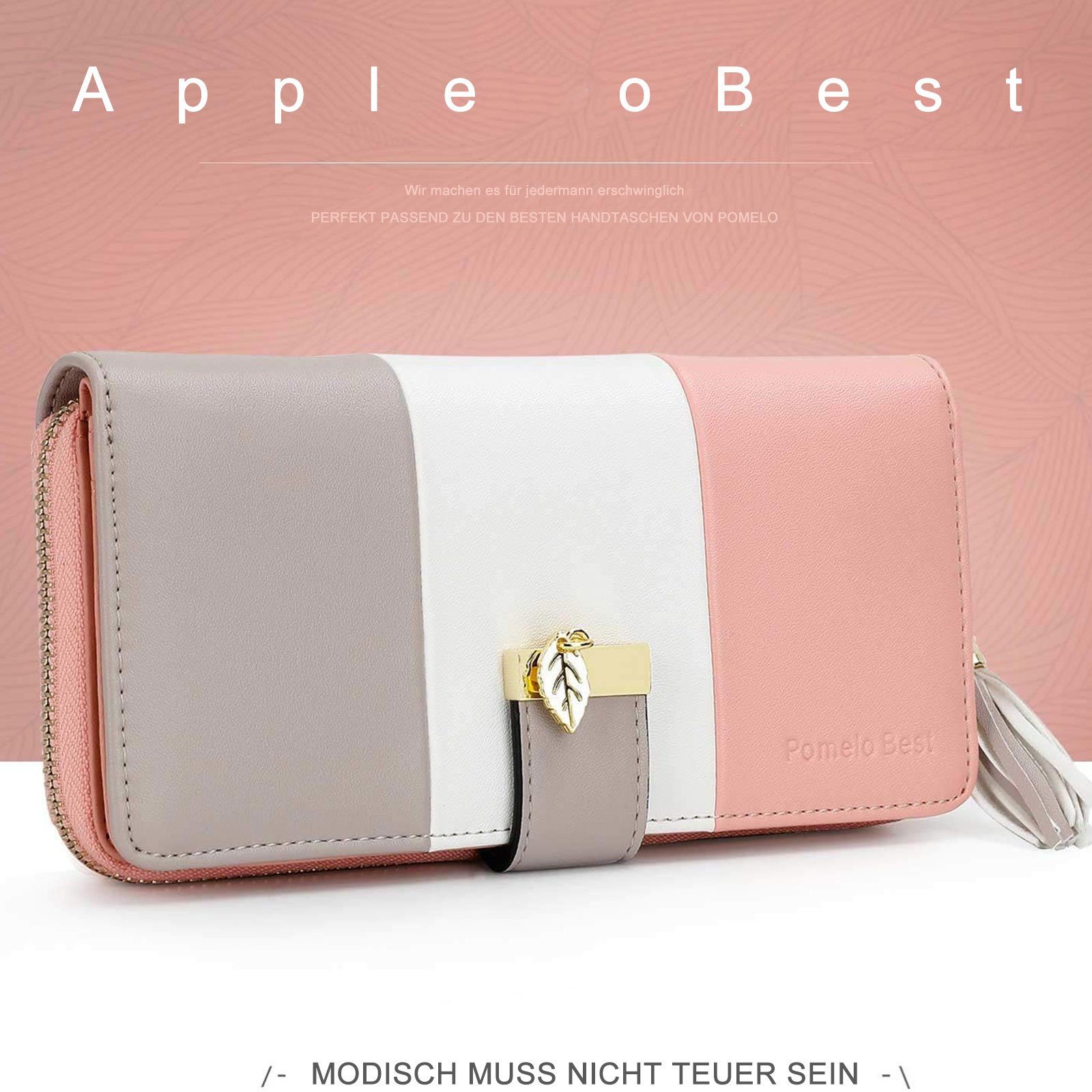 Pomelo 12 Ledergeldbörse Wallet, Handytasche x Portemonnaie mit (Frauen Geldbeutel 2,5cm Portmonee Damen Brieftasche Münzfach RFID-Schutz Kartenfächer, Slim Leder Grau/Weiß/Pink mit Weich Handtasche 19,5 Kartenetui, Geldbörse 10,5 Best Kreditkartenetui, Kartenhalter), x Groß NFC Lang