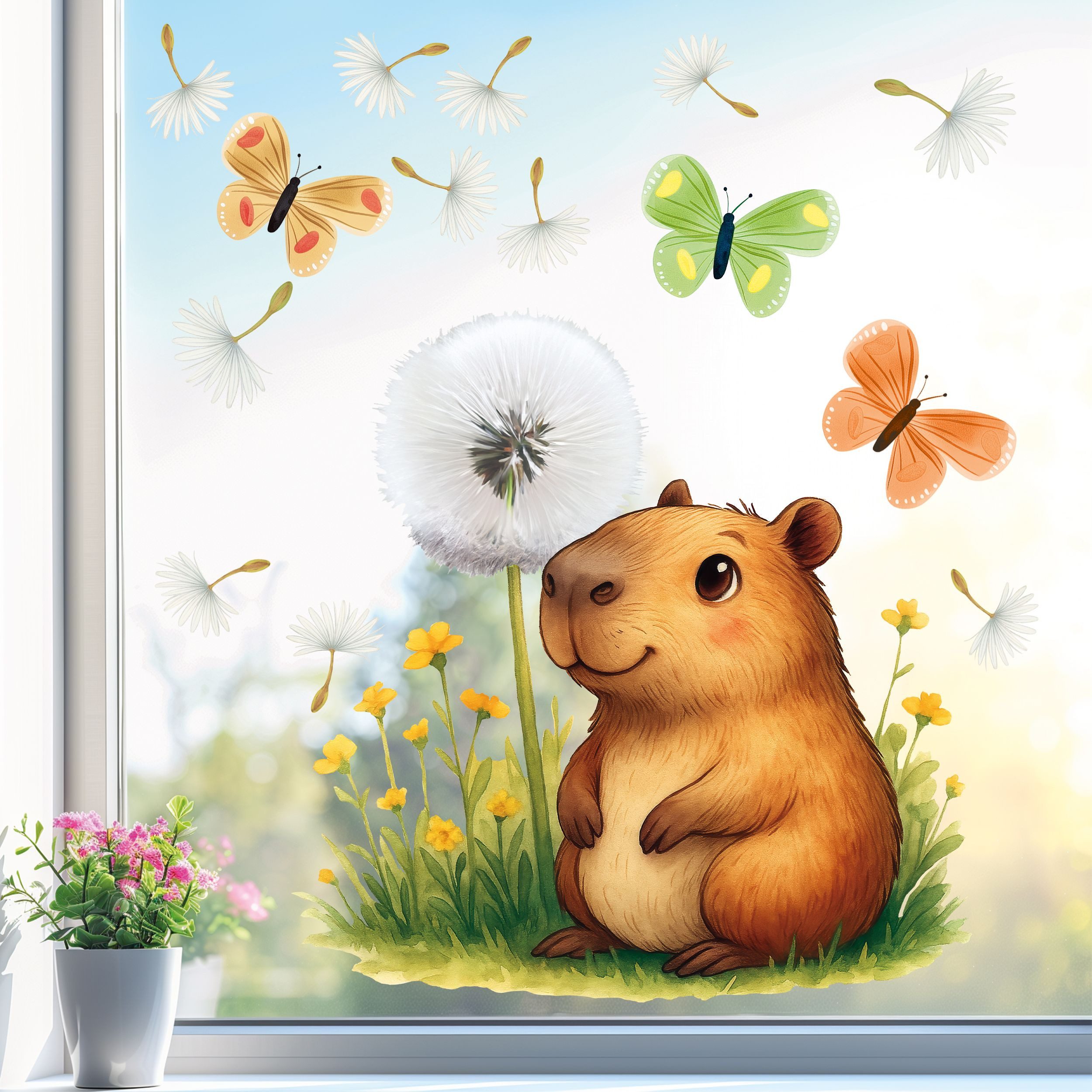 Sunnywall Fensterbild wiederverwendbare Fensterbilder Capybara Pusteblume Schmetterlinge, statisch haftend, beidseitig bedruckt