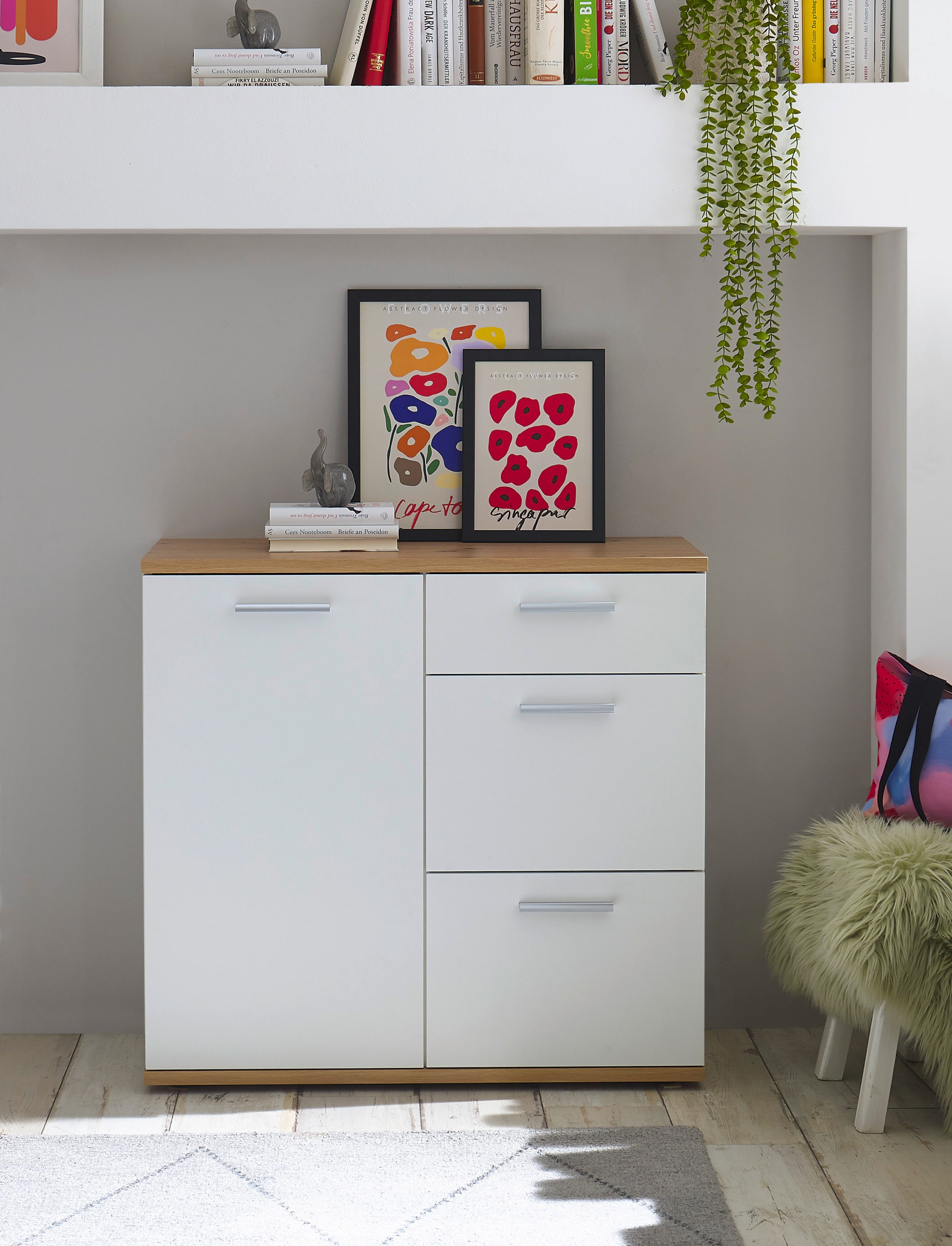 HBZ Kommode BC1035 weiß matt, BxHxT 95x86x38 cm, Kommode mit 1 Tür, 3 Schubkästen, 1 Einlegeboden