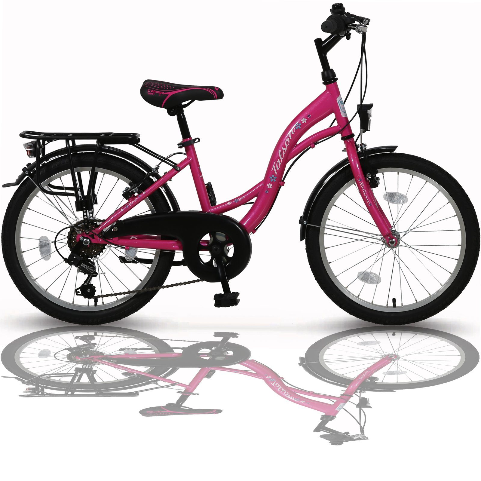 Talson Kinderfahrrad 20 Zoll Cityrad, StVZO Kettenschaltung, mit Gepäckträger und Rosa Gang Beleuchtung Shimano, nach 6