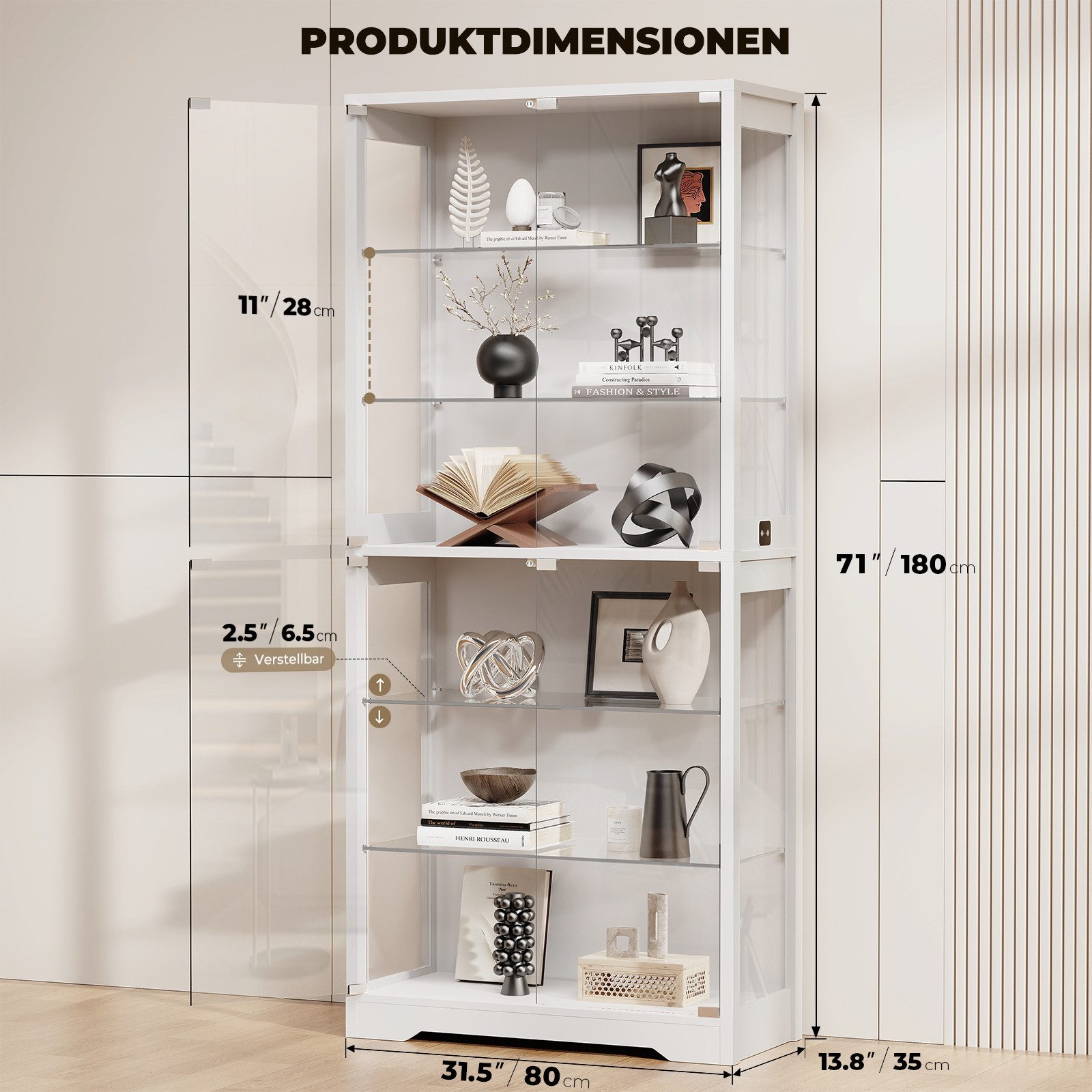 BROTTAR Vitrine aus Glas, mit 6 Ebenen und LED-Beleuchtung in 3 Farben (1-St) mit verstellbare Einlegeböden, Bewegungssensor