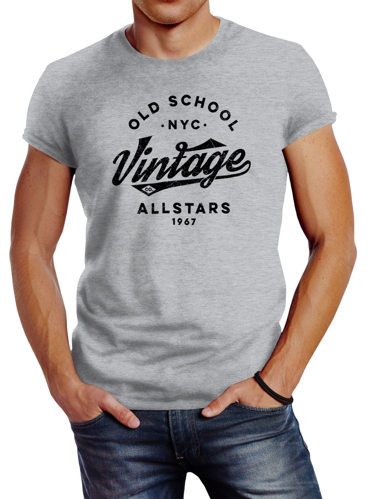 Neverless Print-Shirt Neverless® Herren T-Shirt College Style Schriftzug Oldschool Vintage Allstars Fashion Streetstyle mit Print grau