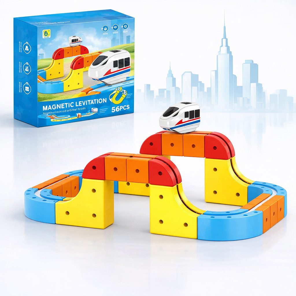 Goldstern-Tech Spielzeugeisenbahn-Set Magnetische Zugbahn Baukasten, (56-tlg., Wählbar als 56, 80 oder 150 Teile Rennbahn Set), Magnetische 3D Zugstrecke – flexibel & motorisiert
