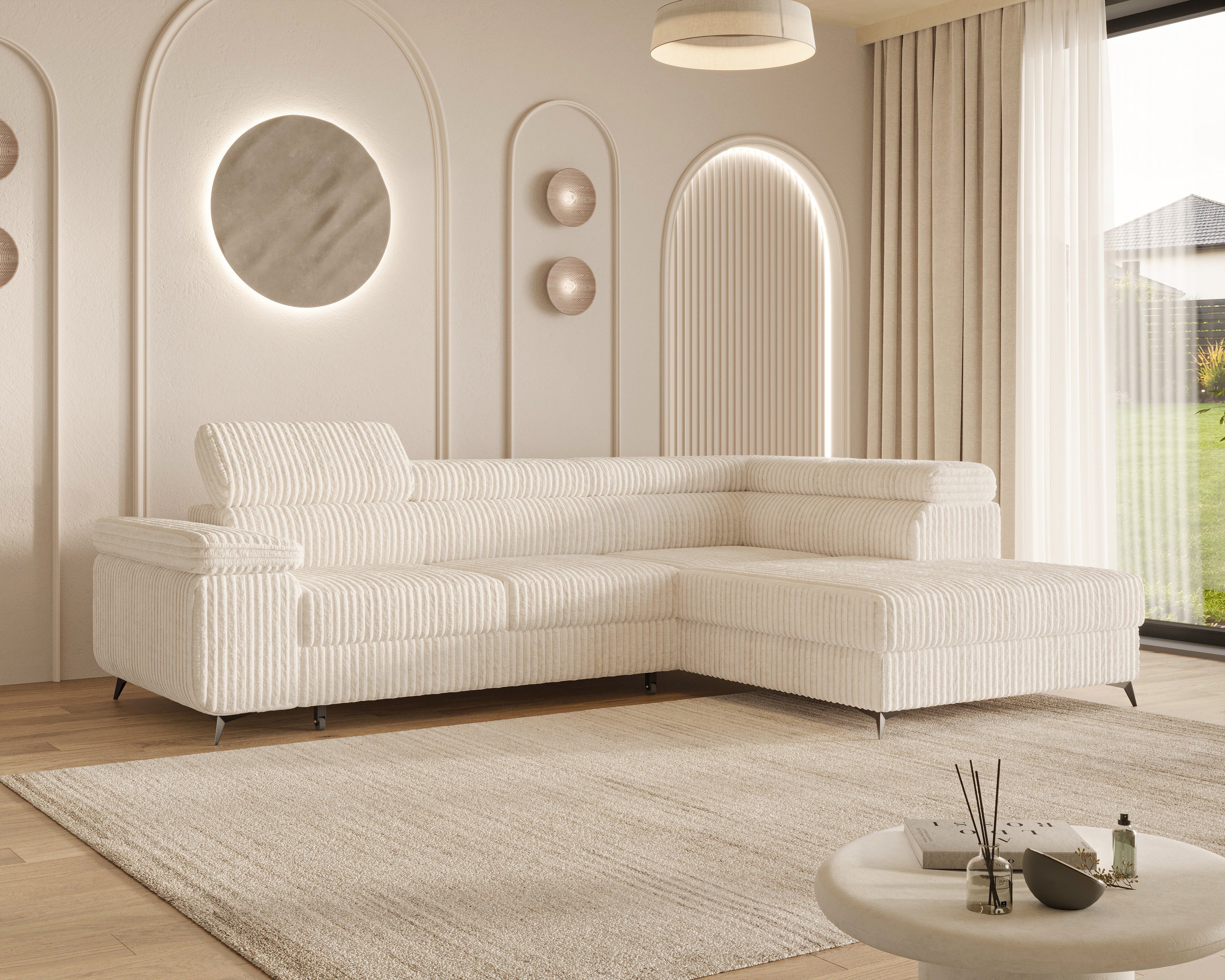 MOEBLO Ecksofa OSTIN, 290 cm – Modernes L-Sofa mit Schlaffunktion, Bettkasten und verstellbaren Kopfstützen, Cord oder Strukturstoff, - (BxHxT): 290 x 75–90 x 202 cm