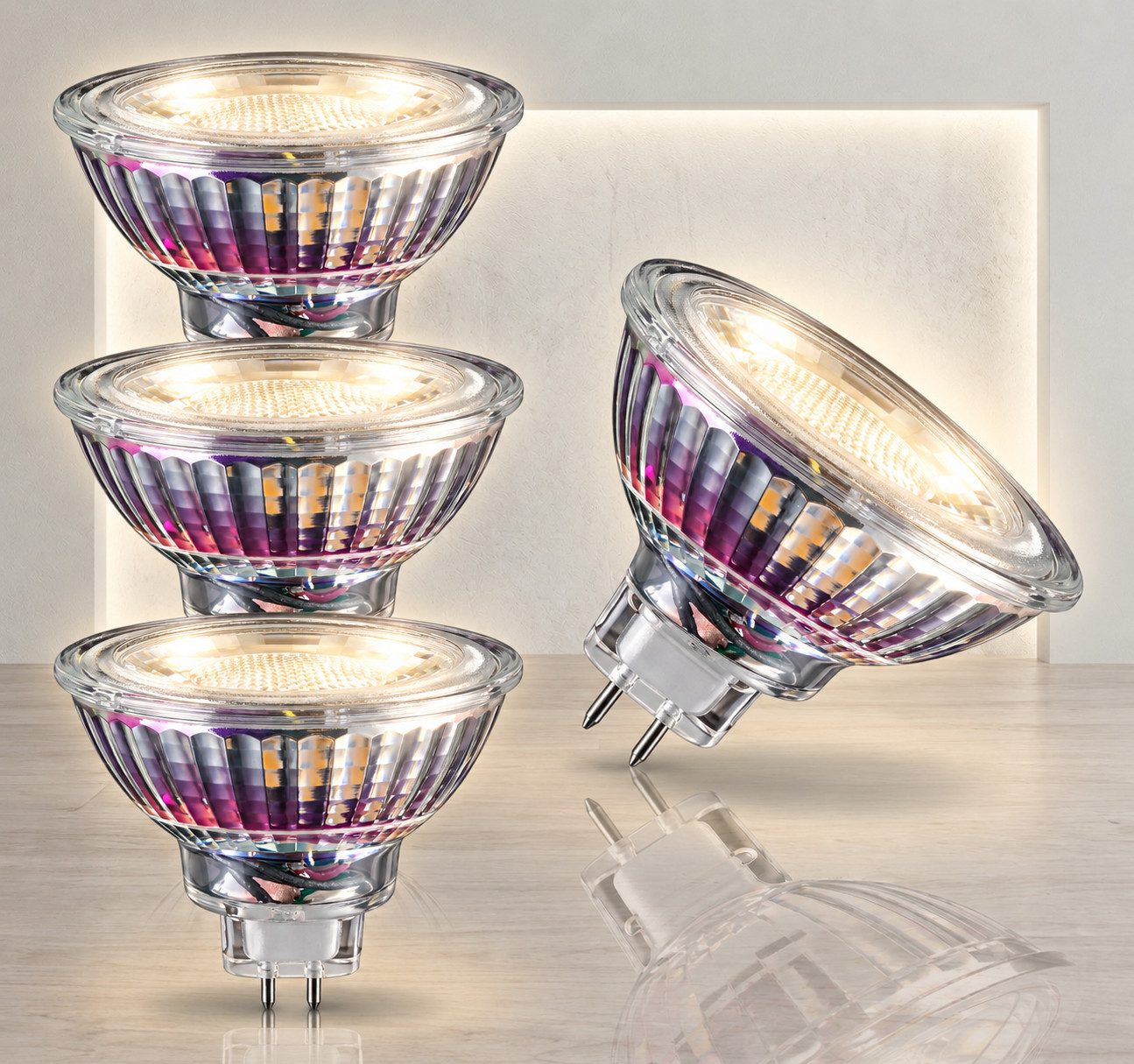 TRANGO LED-Leuchtmittel, 3er Set MR16-NT3 LED Leuchtmittel mit MR16 Fassung zum Austausch herkömmlicher Halogen Leuchtmittel MR16 I GU5.3 I G4 12 Volt 3000K, 3 St., Glühlampe, Reflektor Lampe, LED Birnen