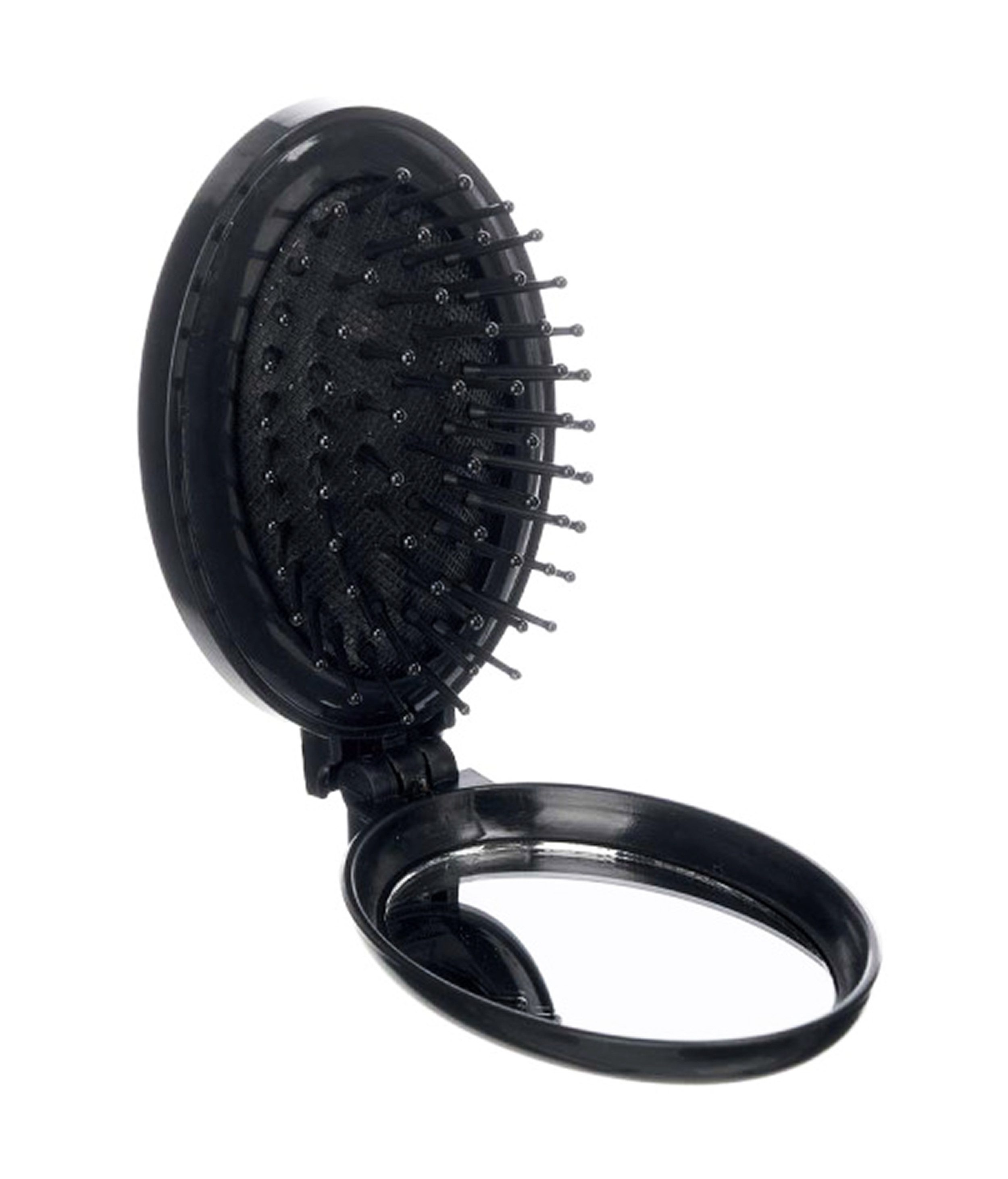 Haarbürste HAARBÜRSTE mit SPIEGEL klappbar oval Schwarz mit Noppen mini Reise 24