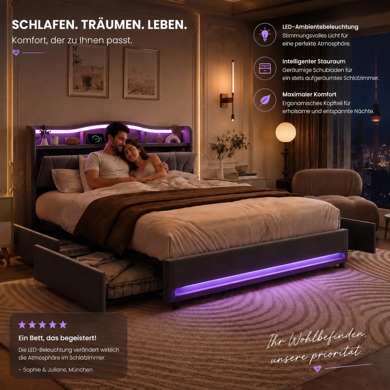 Simurq Polsterbett 160x200cm LED USB Stauraum Samt Grau (USB-Ladeanschluss), LED,USB,Stauraum,Samt,Grau,Lattenrost – Bild 2 von 5