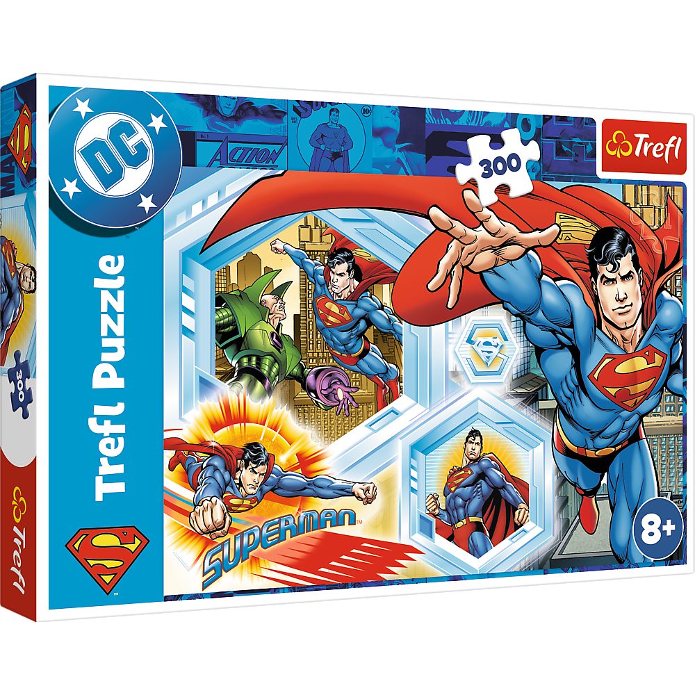 Trefl Puzzle Legespiel Superheldenpuzzle Kinderpuzzle, 300 Puzzleteile, 300 Teile, Superman-Motiv, kalandriertes Papier