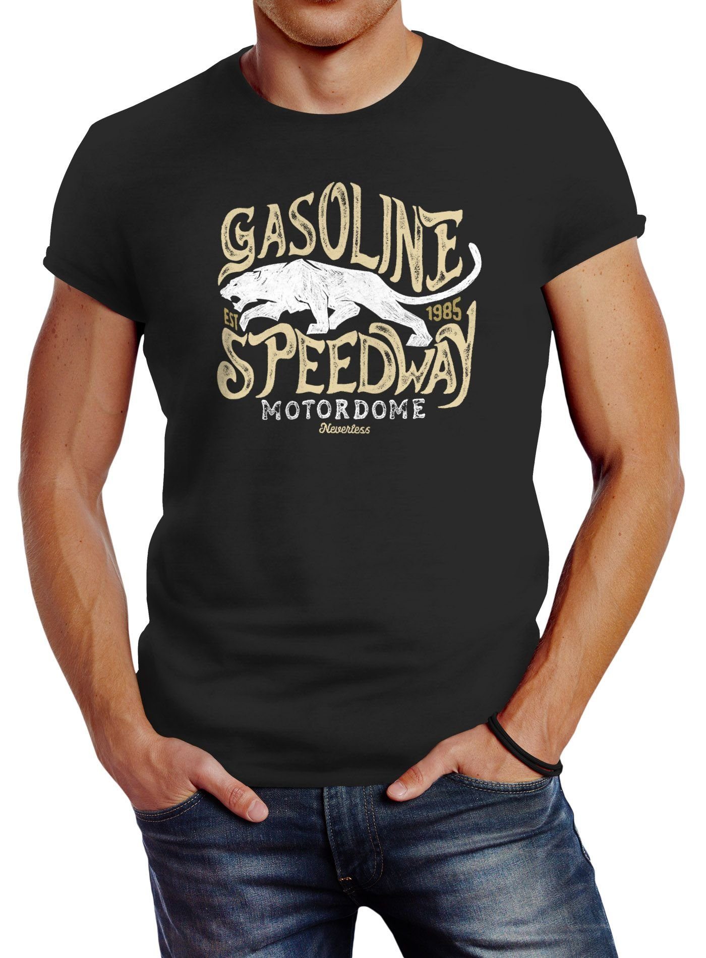 Slim Gasoline Printshirt Speedway Neverless Panther Fit Neverless® mit T-Shirt schwarz Herren Print-Shirt Motiv Print vintage