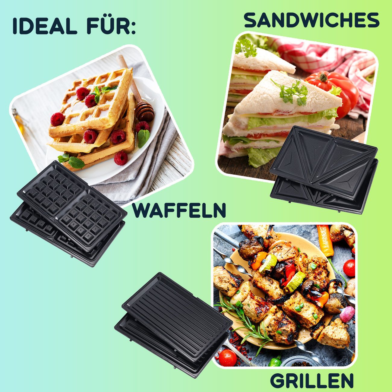 Casativo 3-in-1-Sandwichmaker 3-in-1 Multi-Grill 800W, Kontaktgrill, Sandwichmaker & Waffeleisen, 800 W, Wechselplatten für Sandwich, Waffeln & Grill, antihaft, inkl. Griff