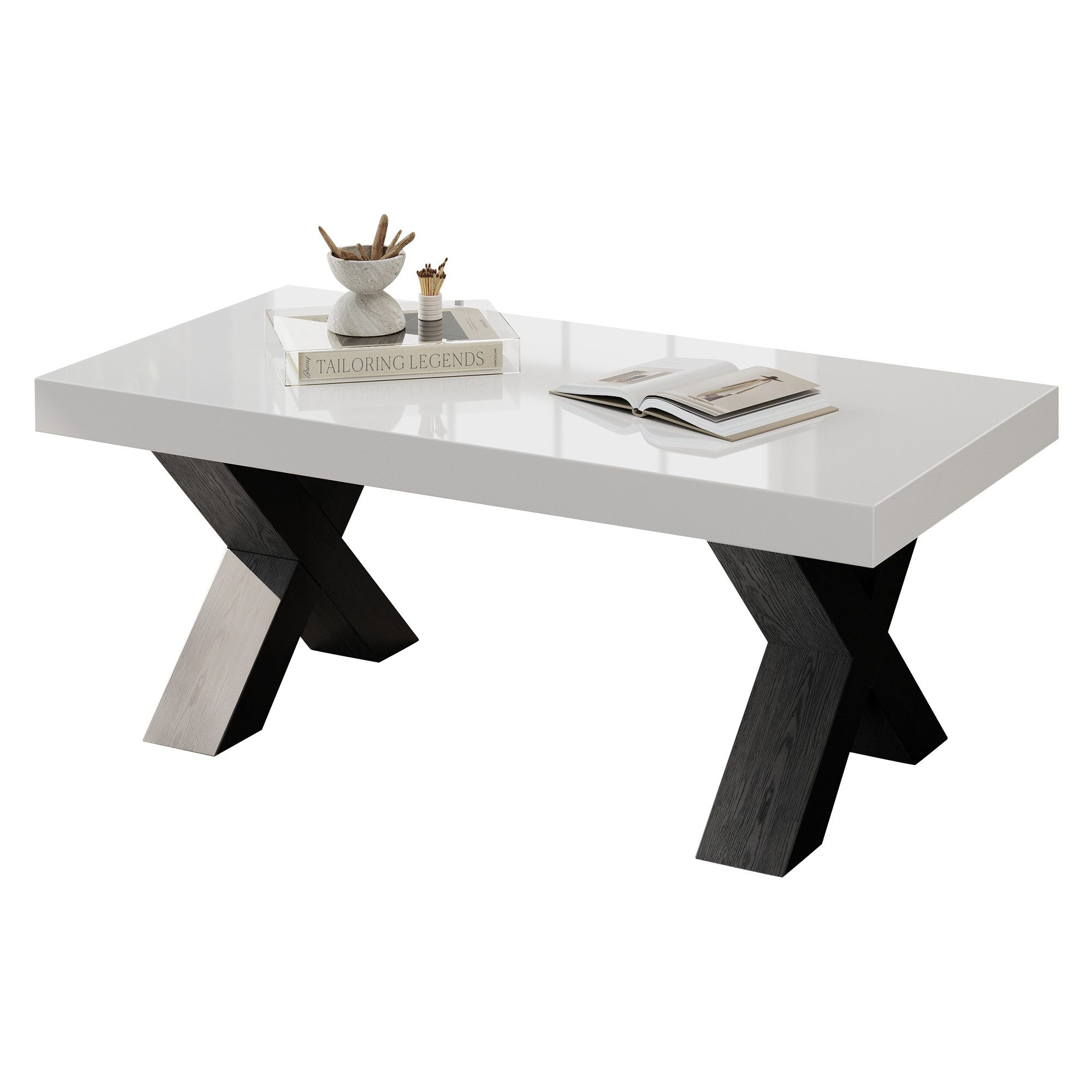 Merax Couchtisch mit hochglänzender Tischplatte, Beistelltisch in Weiß und Schwarz (1-St), Wohnzimmertisch mit X-förmigen Tischbeinen, Kaffeetisch, 100x50x40cm