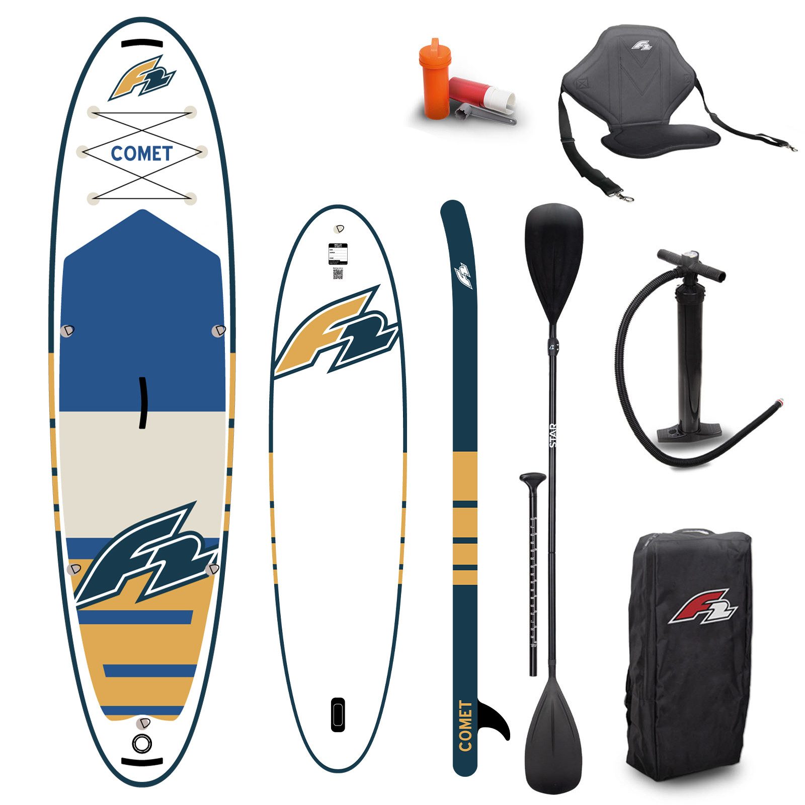 SUP-Board F2 Set Stand Up Paddle Board Comet Weiss 11,6 + Kajak Zubehör Paket