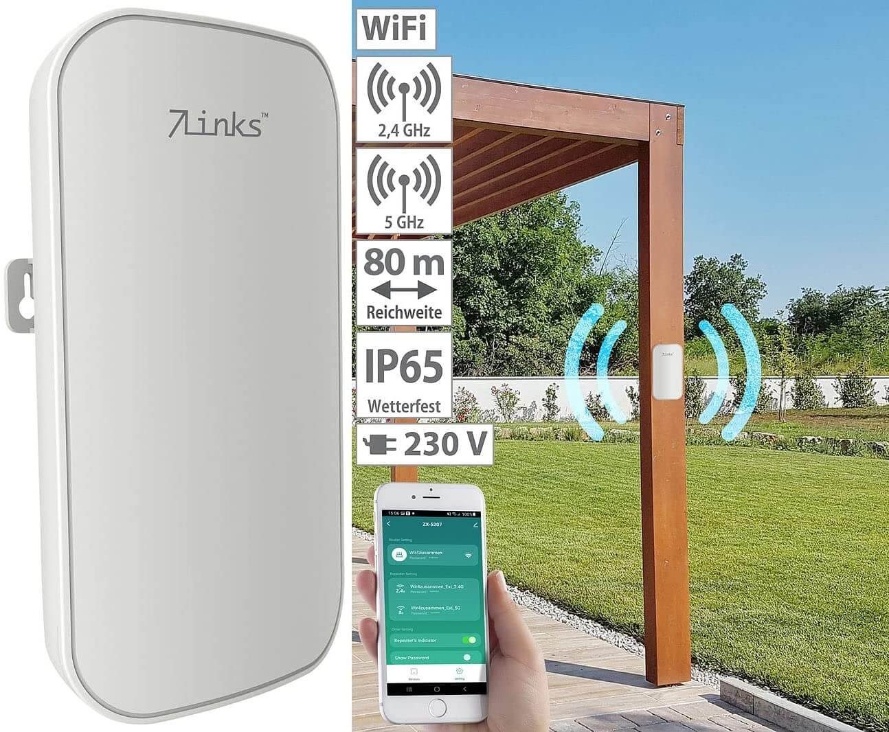 7Links »WLR1230 WLANRepeater Outdoor Garten Empfang Verstärker Smart
