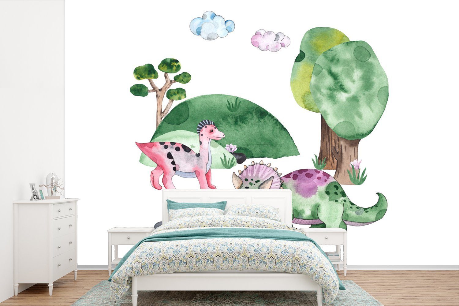 MuchoWow Fototapete Kinderzimmer - Zeichnung - Dinosaurier - Jungen - Mädchen - Kinder, Matt, bedruckt, (6 St), Wallpaper für Wohnzimmer, Schlafzimmer, Kinderzimmer, Vinyl Tapete