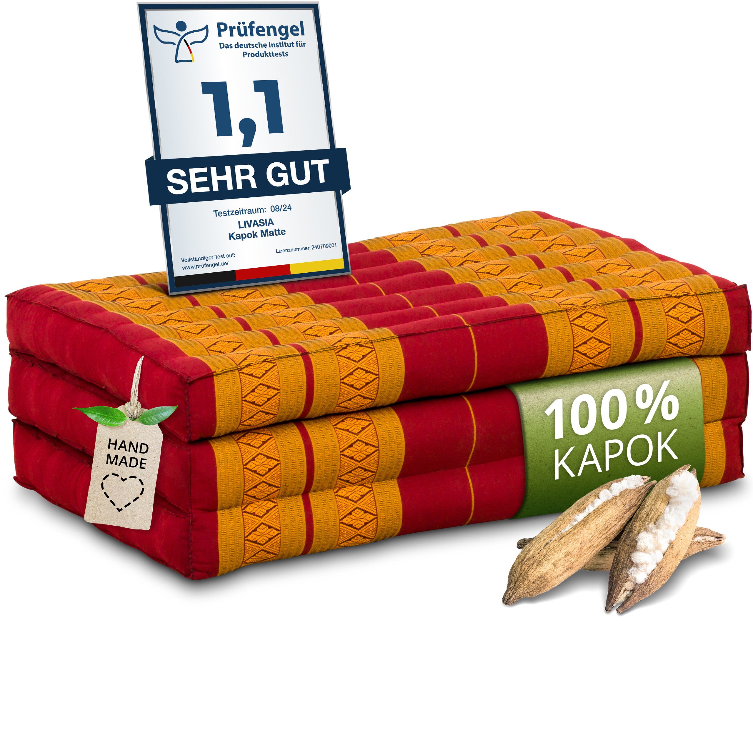 Kindermatratze Klappmatratze 70 cm breit - 140x70x8cm - Faltmatratze für Kinder, livasia, 8 cm hoch, Kapok, vegan, handgefertigt