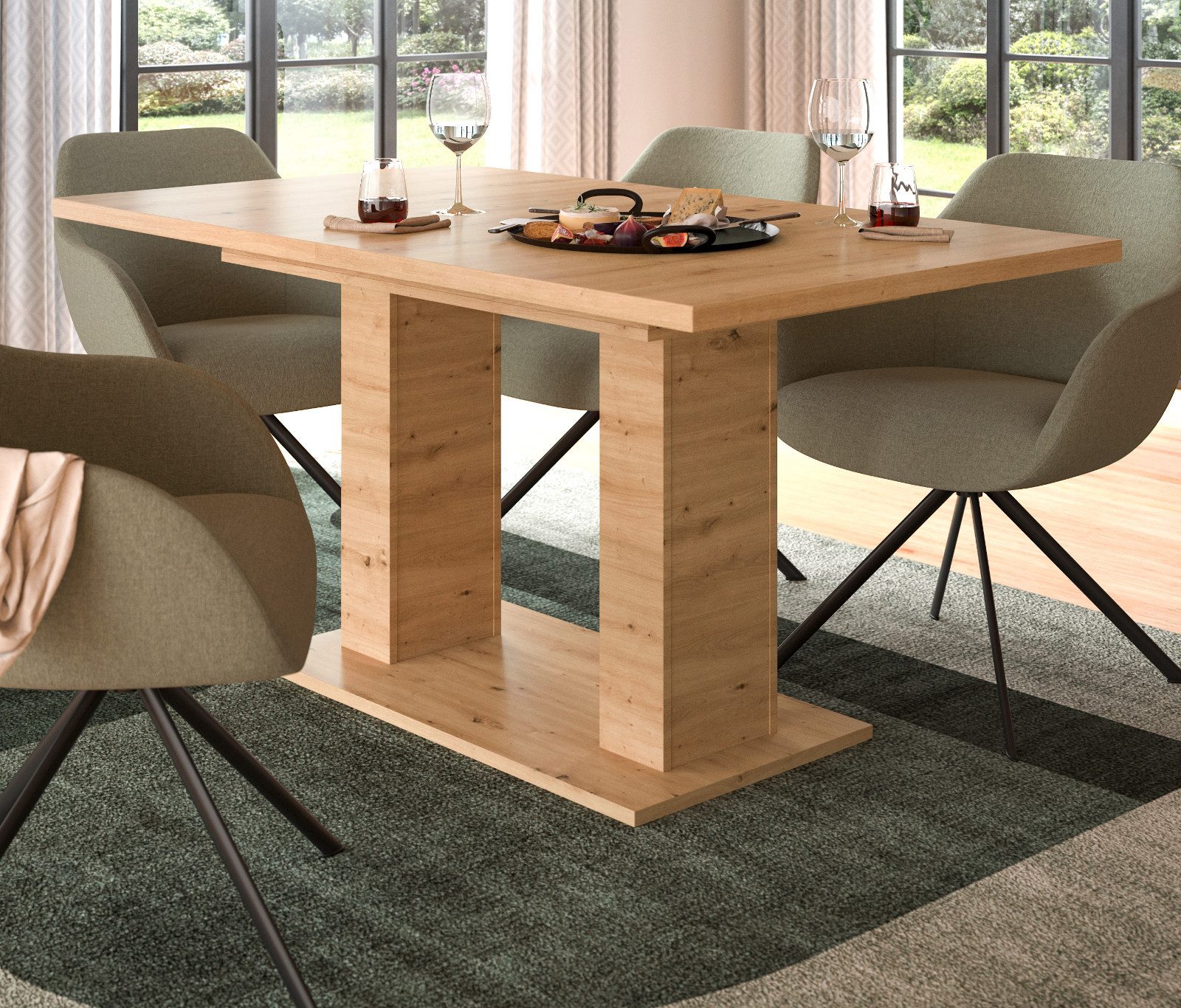 Inn.Furn Säulen-Esstisch Home-X (Küchentisch in Eiche Artisan, ausziehbar 150 - 190 cm, bis 8 Personen), mit stabiler Doppel-Säule